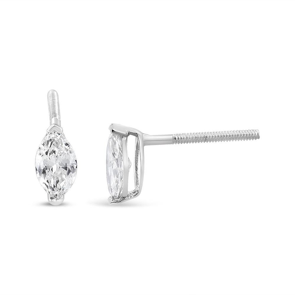 Aretes de oro blanco de 14 quilates con diamantes cultivados en laboratorio, solitarios de talla marquesa de 1/2 quilates y engaste de dos puntas (color FG, claridad VS2-SI1) - Friggin Jewelry