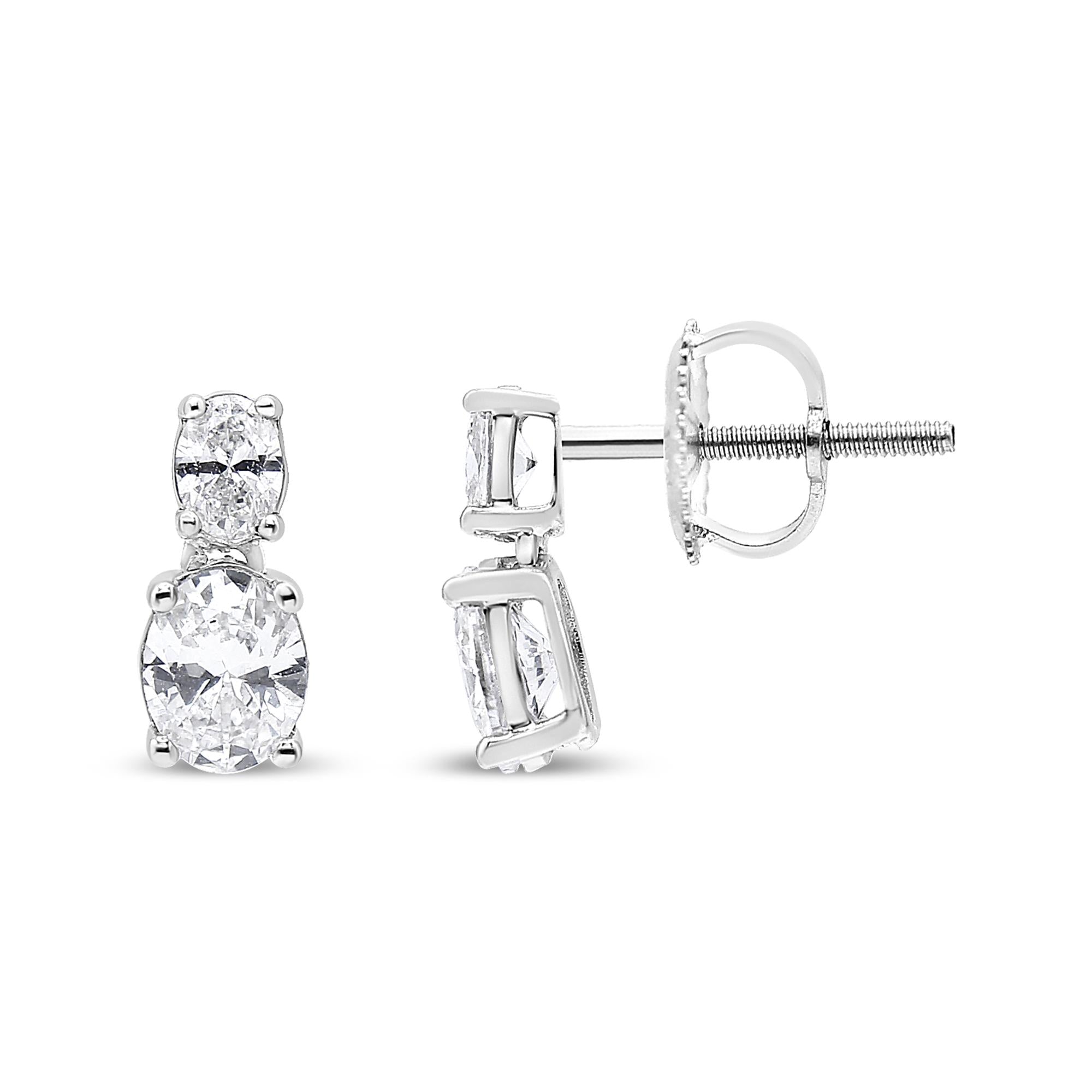 14K White Gold 1.0 Cttw Oval Lab Grown Diamond 2 Stone Drop and Dangle Stud Earrings (G-H Color, VS2-SI1 Clarity) - Friggin Jewelry