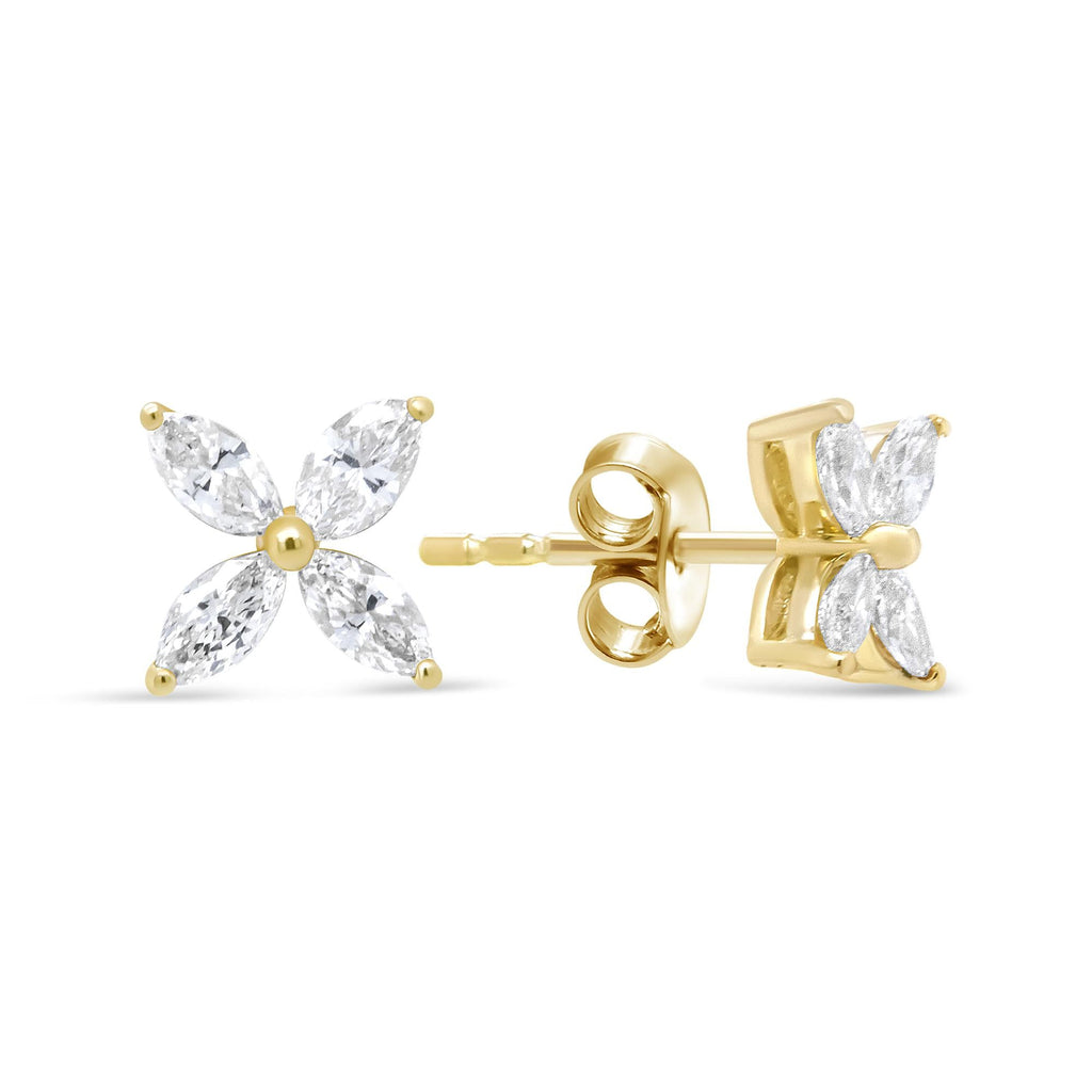 14K Gold Marquise Diamond 8 Stone Floral Leaf Stud Earrings (I-J Color, SI2-I1 Clarity) - Friggin Jewelry