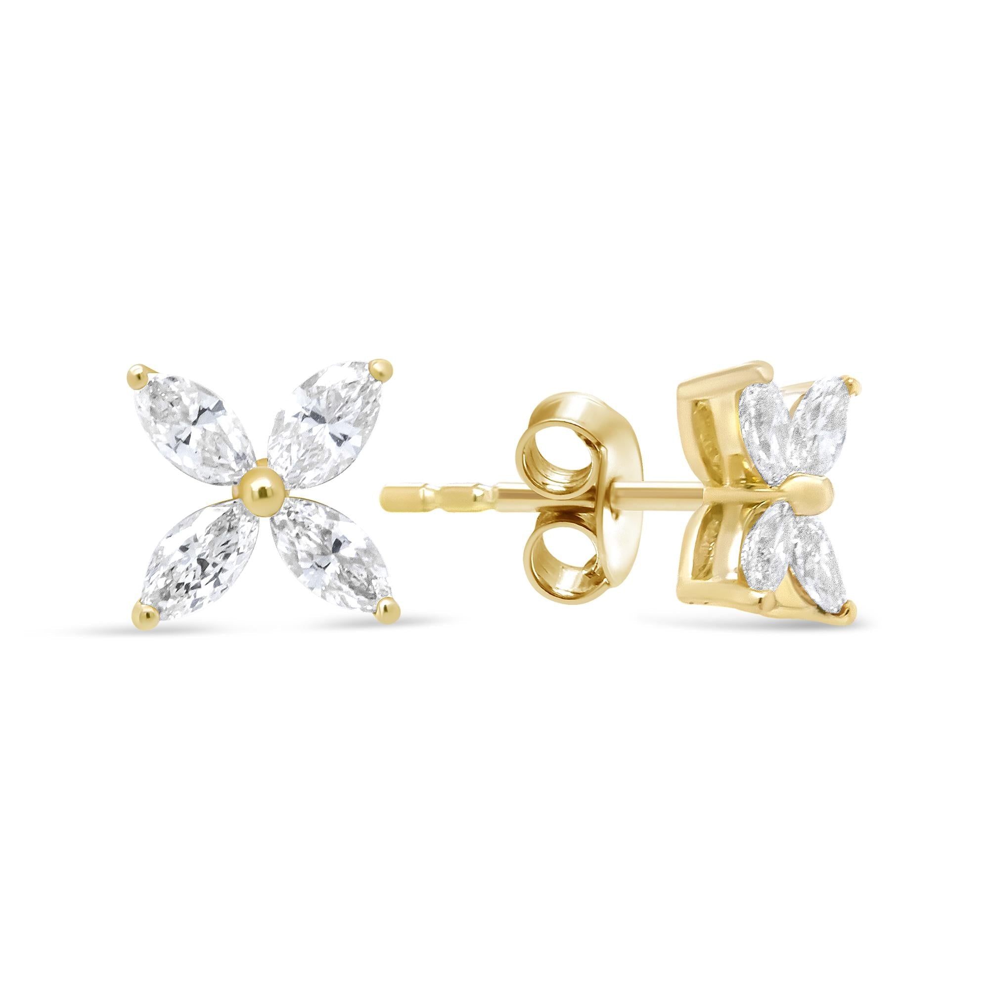 14K Gold Marquise Diamond 8 Stone Floral Leaf Stud Earrings (I-J Color, SI2-I1 Clarity) - Friggin Jewelry