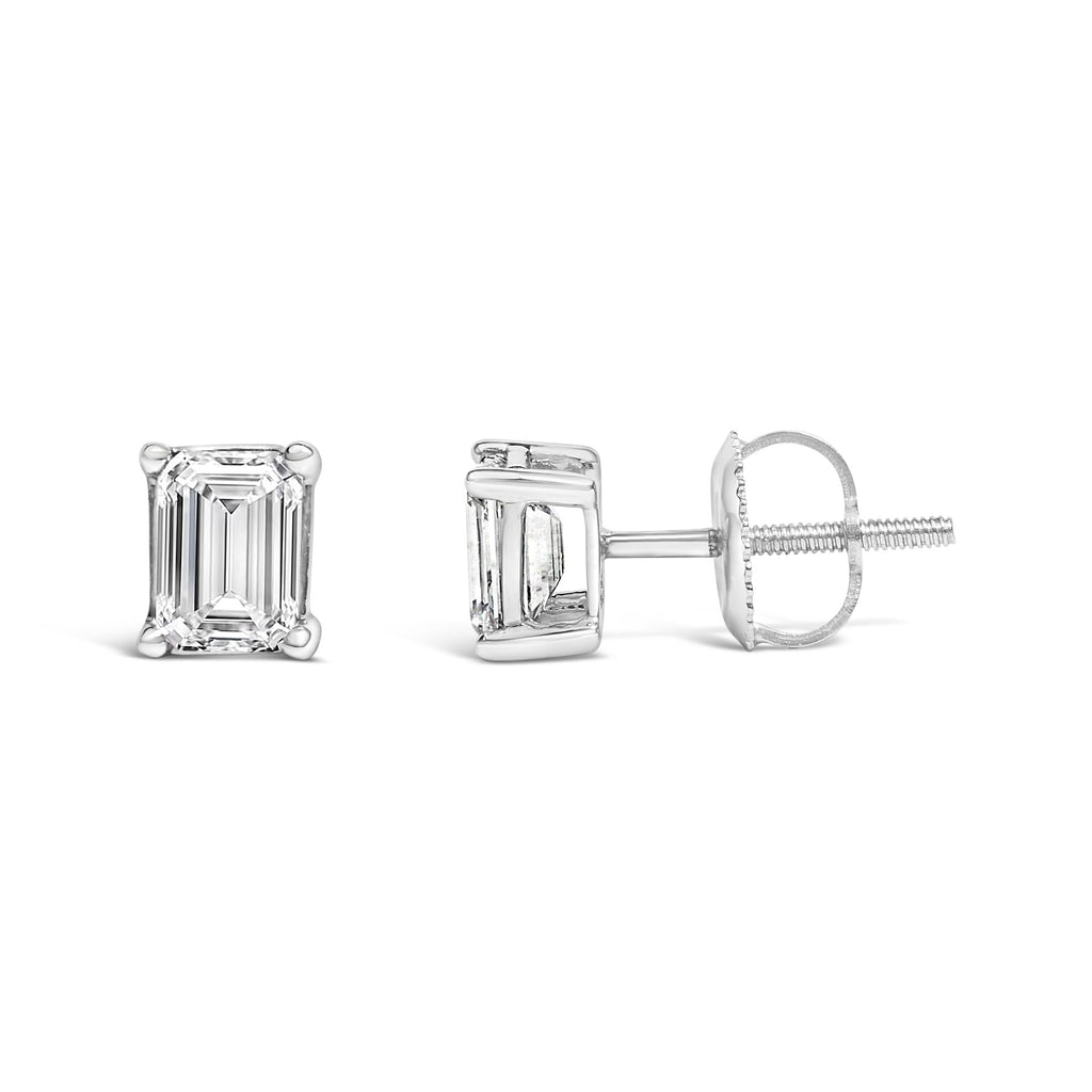 Aretes solitarios de oro blanco de 14 quilates con diamantes cultivados en laboratorio de talla esmeralda (color FG, claridad VS1-VS2) - Friggin Jewelry