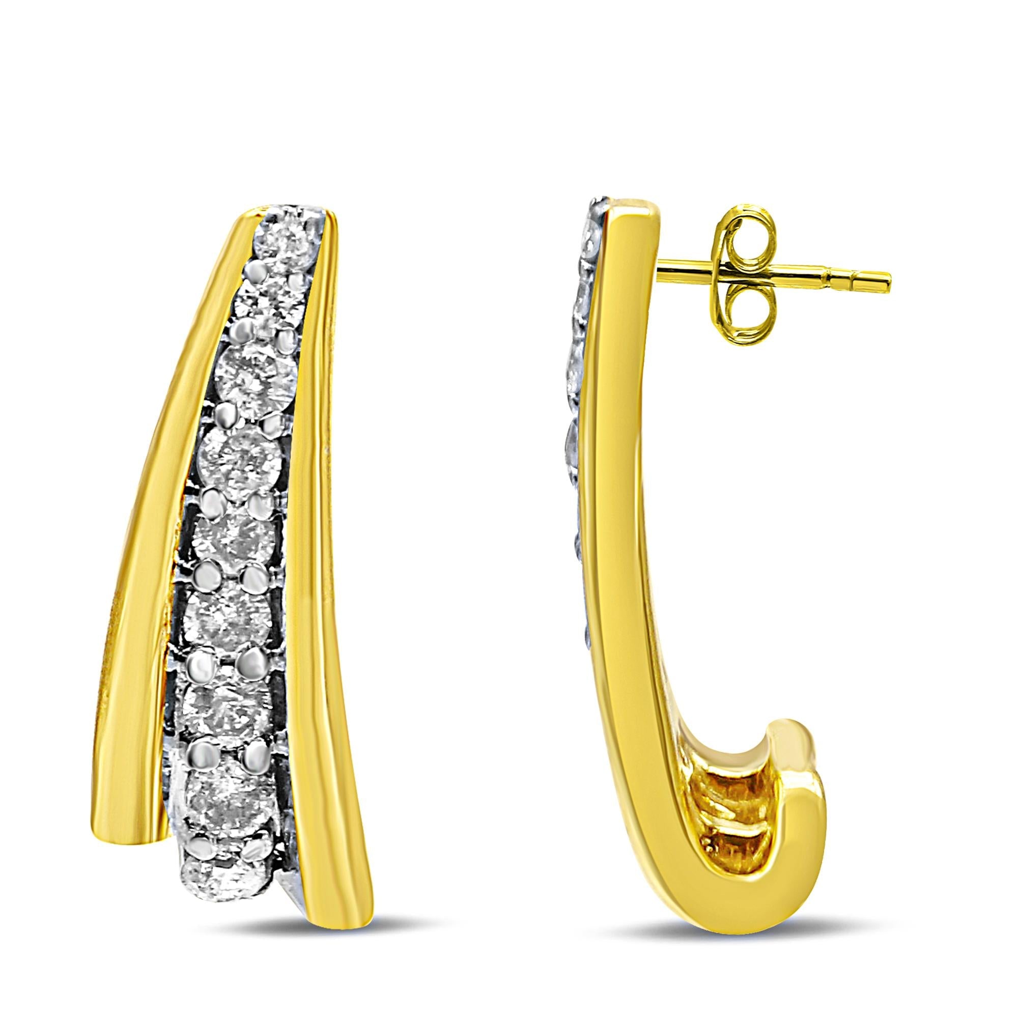 10K Yellow Gold Plated .925 Sterling Silver 0.50 Cttw Round Diamond Graduated Huggie Earrings (I-J Color, I2-I3 Clarity) - Friggin Jewelry