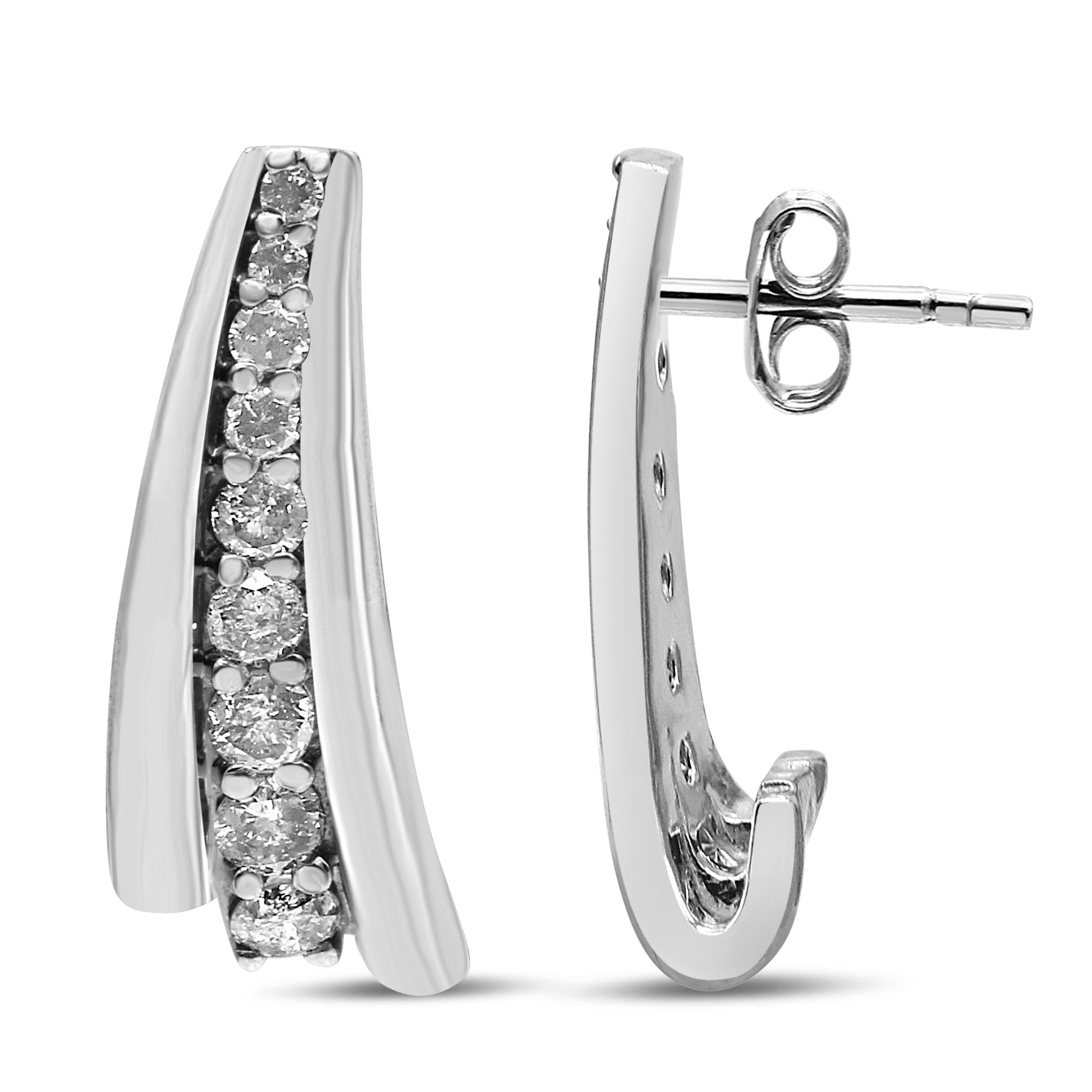 .925 Sterling Silver 1 Cttw Round Diamond Graduated Huggie Earrings (I2-I3 Clarity, I-J Color) - Friggin Jewelry