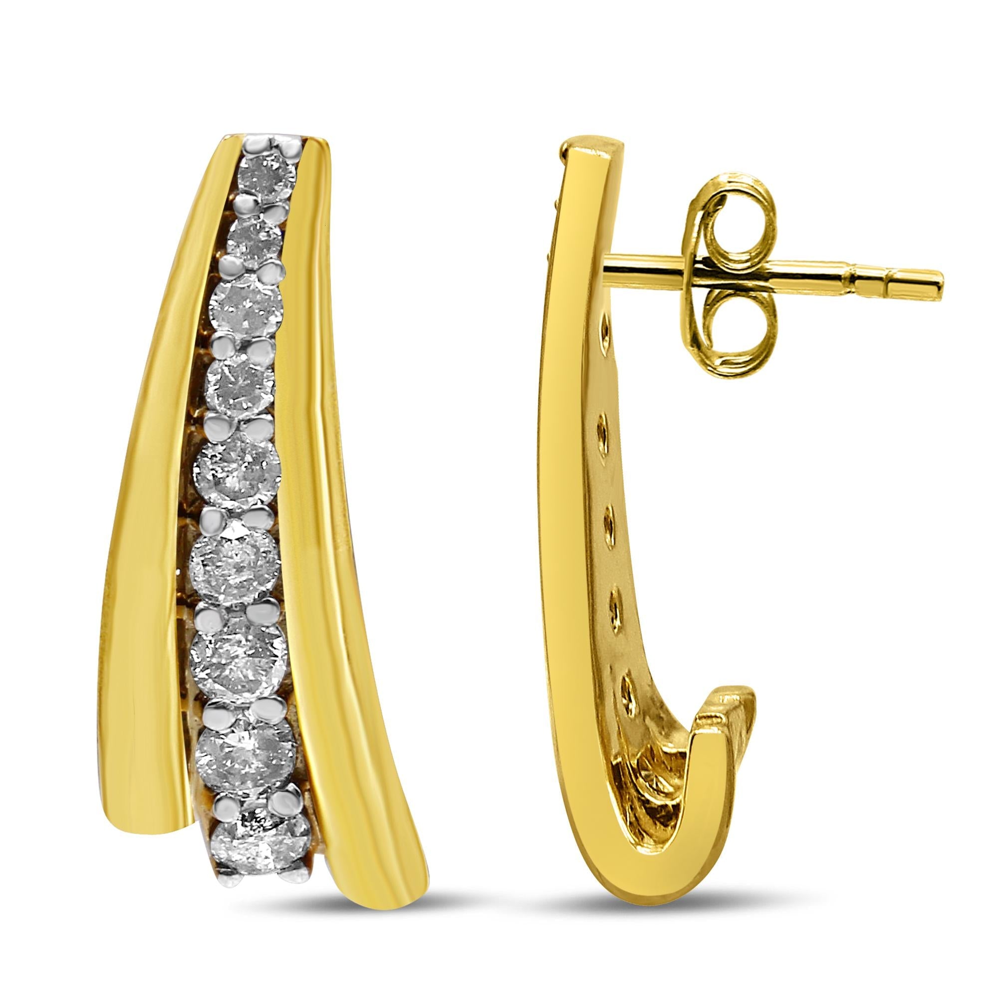 10K Yellow Gold Plated .925 Sterling Silver 1.00 Cttw Round Diamond Graduated Huggie Stud Earrings (I-J Color, I2-I3 Clarity) - Friggin Jewelry