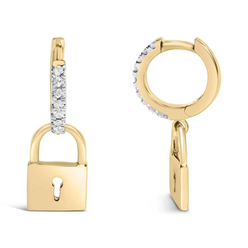 14K Yellow Gold Plated .925 Sterling Silver 1/6 Cttw Diamond Lock Hoop Earring (I-J Color, I3 Clarity) - Friggin Jewelry