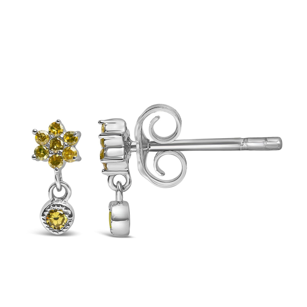.925 Sterling Silver 1/10 Cttw Yellow Diamond Star Stud with Bezel Drop Dangle Earrings (Yellow Color, I2-I3 Clarity) - Friggin Jewelry