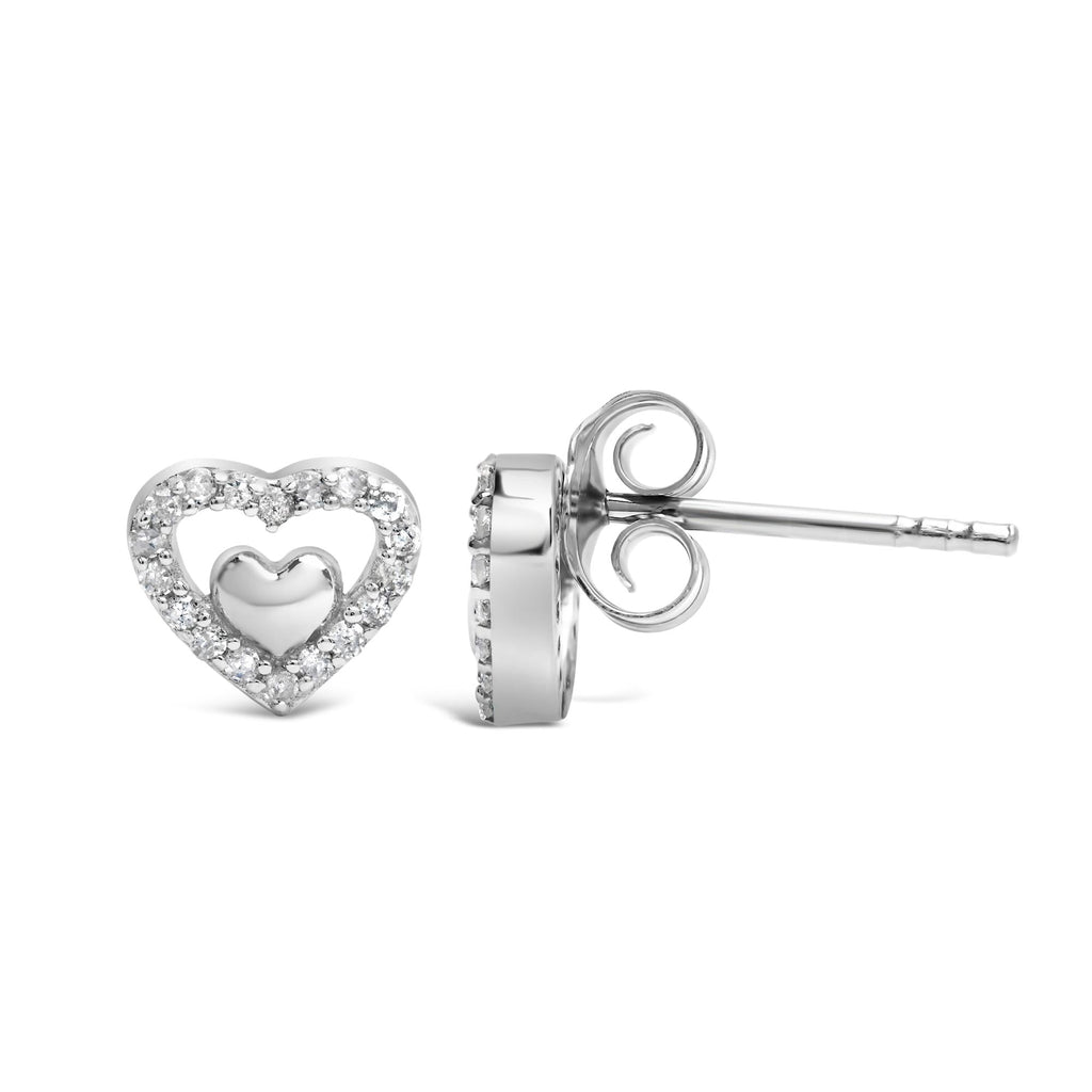 Pendientes de botón con doble corazón abierto de diamantes de 1/6 quilates en plata de ley 925 (color del diamante a elegir) - Friggin Jewelry
