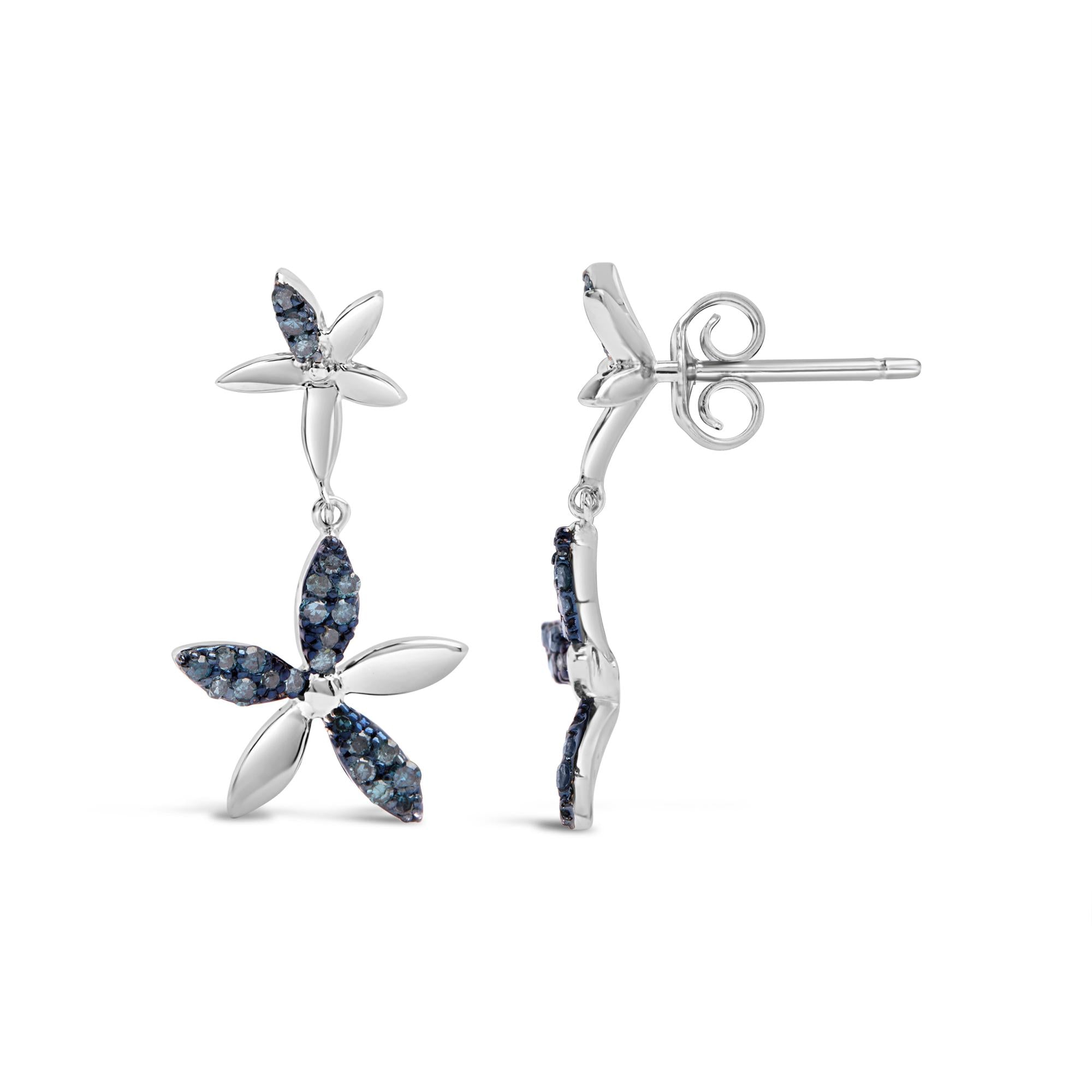 .925 Sterling Silver 1/5ct Cttw Blue Diamond Double Star Drop and Dangle Earrings (Blue Color, SI1-SI2 Clarity) - Friggin Jewelry