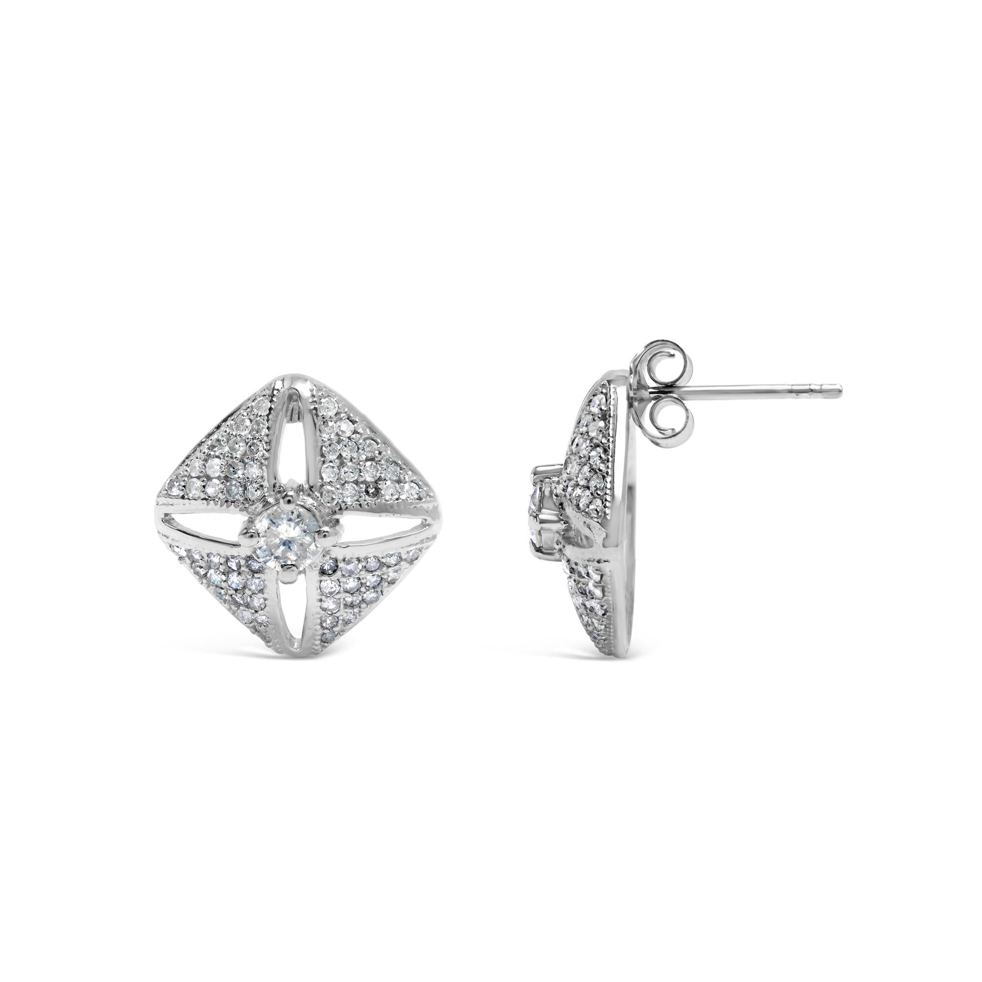 .925 Sterling Silver 1.0 Cttw Diamond Studded Rhombus Stud Earring (H-I Color, I2-I3 Clarity) - Friggin Jewelry