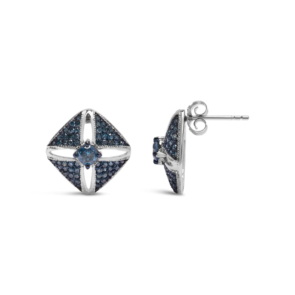 .925 Sterling Silver 1.0 Cttw Blue Diamond Studded Rhombus Stud Earring (Blue Color, I2-I3 Clarity) - Friggin Jewelry