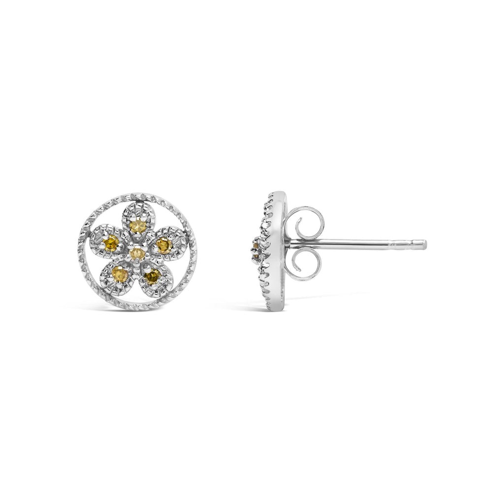 Orecchini a perno in argento sterling 925 con diamanti gialli e stella in stile Milgrain (colore giallo, purezza I2-I3) - Friggin Jewelry