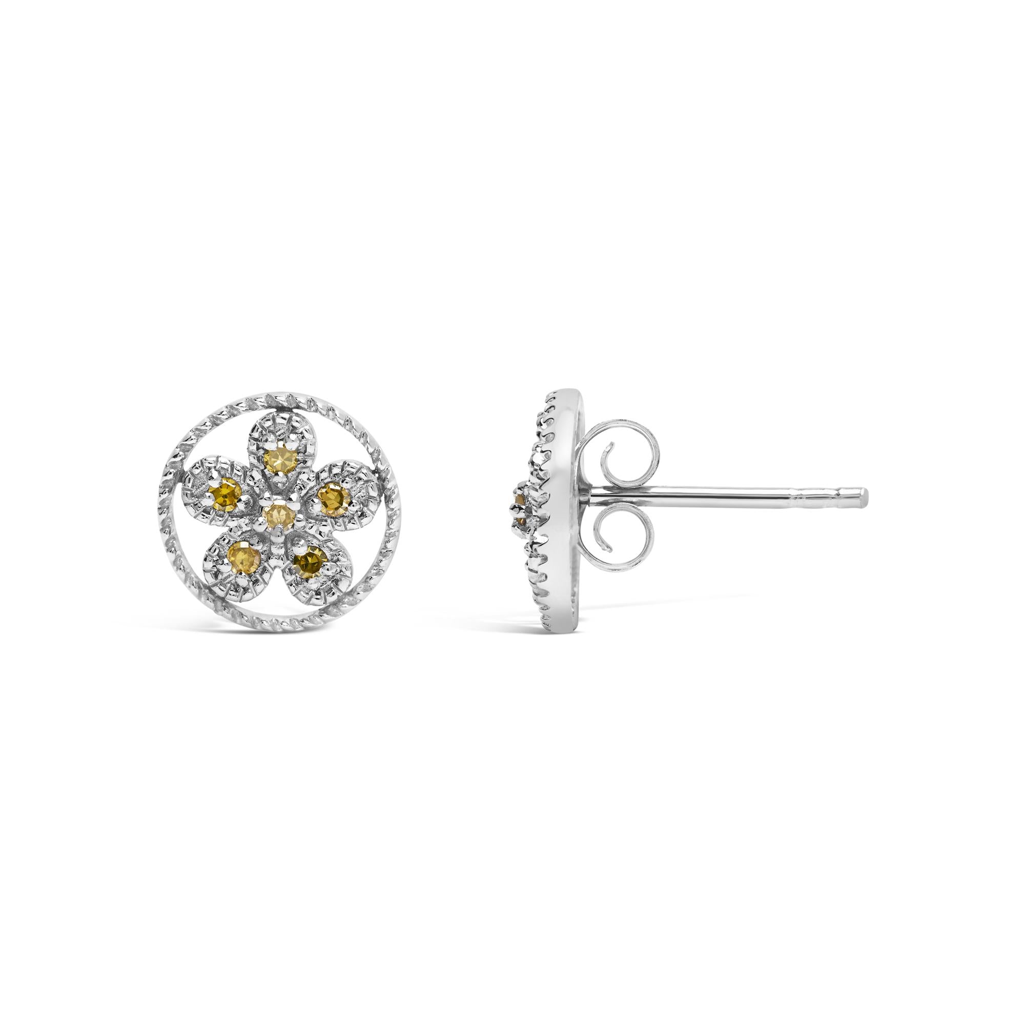 Aretes de plata de ley 925 con detalle de diamante amarillo, estilo milgrain, estrella y rueda (color amarillo, claridad I2-I3) - Friggin Jewelry