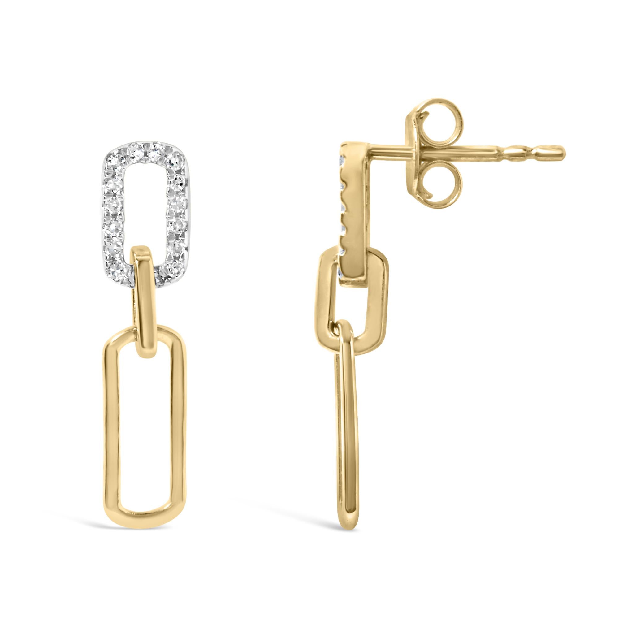 14K Yellow Gold 1/10 Cttw Diamond Studded Paperclip Drop and Dangle Earrings (I-J Color, SI1-SI2 Clarity) - Friggin Jewelry