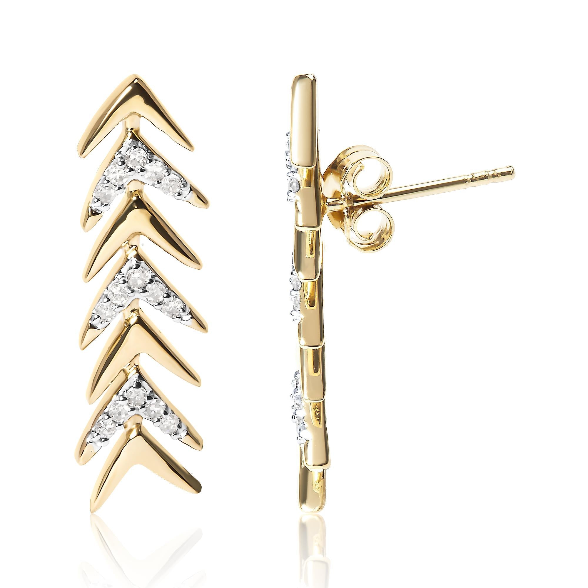 18K Yellow Gold Plated .925 Sterling Silver 1/5 Cttw Diamond Chevron Arrow Stud Earring (I-J Color, I2-I3 Clarity) - Friggin Jewelry