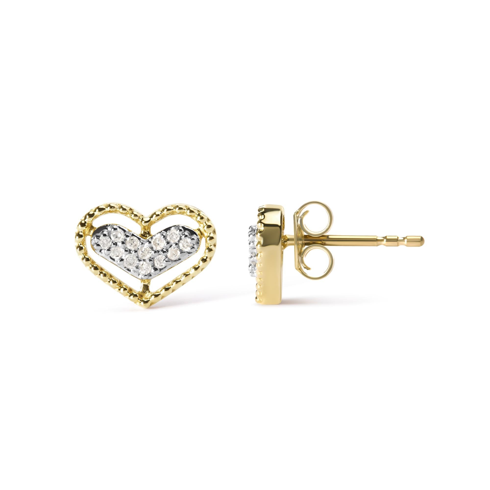10K Yellow Gold 1/10 Cttw Diamond Heart and Beaded Halo Stud Earrings (I-J Color, I1-I2 Clarity) - Friggin Jewelry