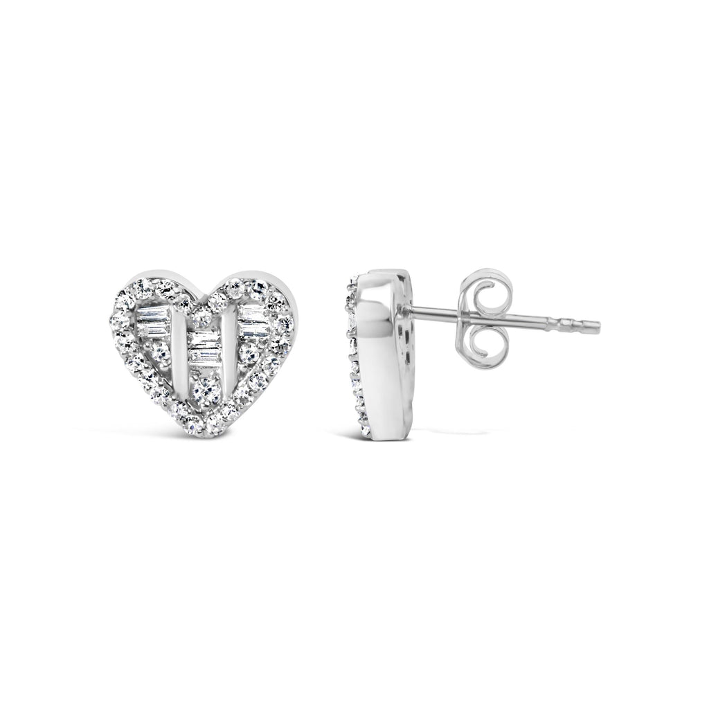 .925 Sterling Silver 1/2 Cttw Round and Baguette Diamond Composite Heart Shaped Stud Earring (I-J Color, SI2-I1 Clarity) - Friggin Jewelry