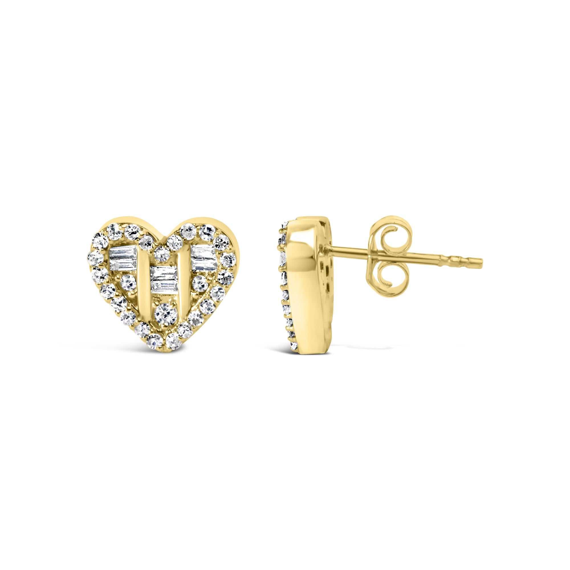 .925 Sterling Silver 1/2 Cttw Round and Baguette Diamond Composite Heart Shaped Stud Earring (I-J Color, SI2-I1 Clarity) - Friggin Jewelry