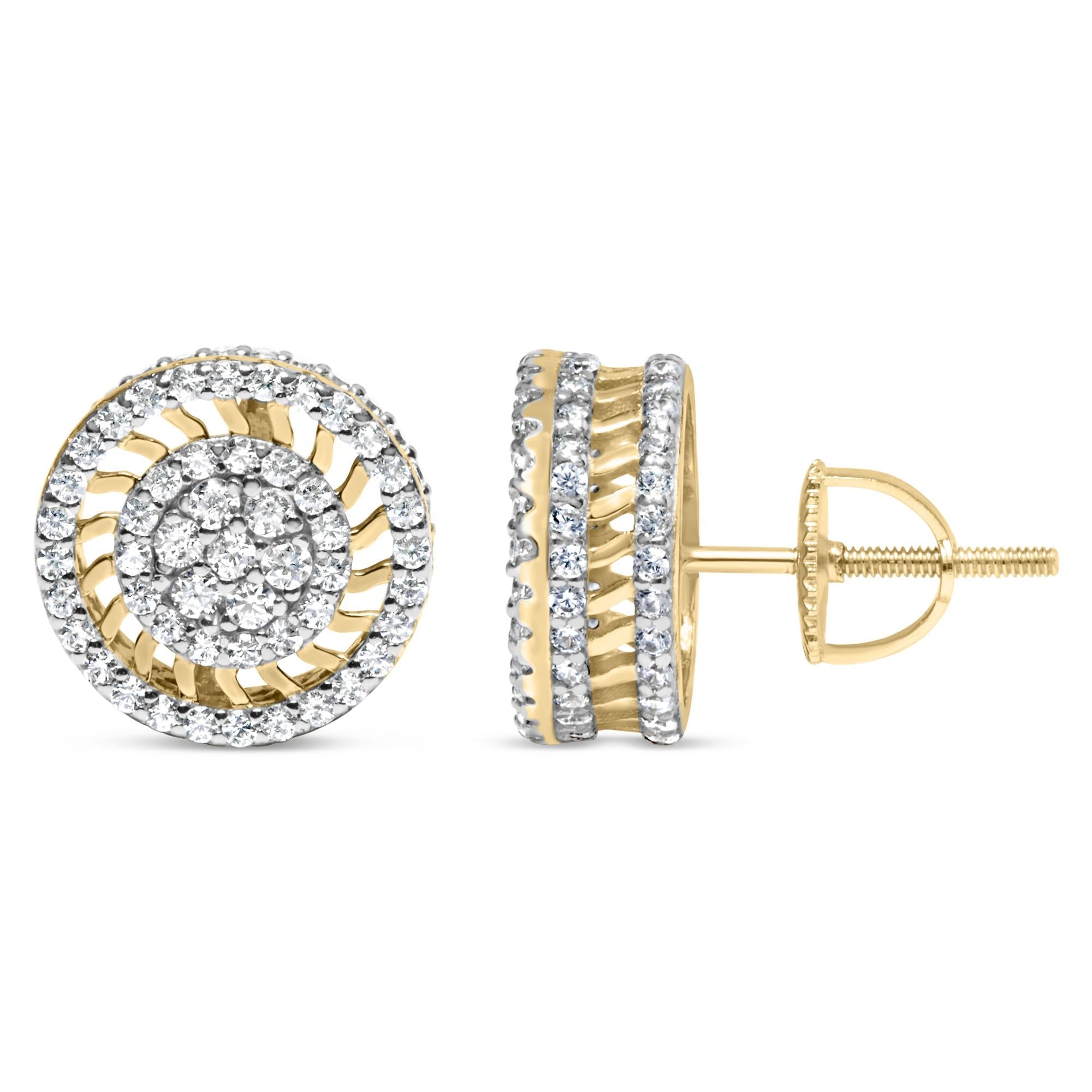 Orecchini a bottone in oro giallo 10 carati con diamanti Halo Radiant Sunburst da 1,00 ct (colore IJ, purezza I2-I3) - Friggin Jewelry