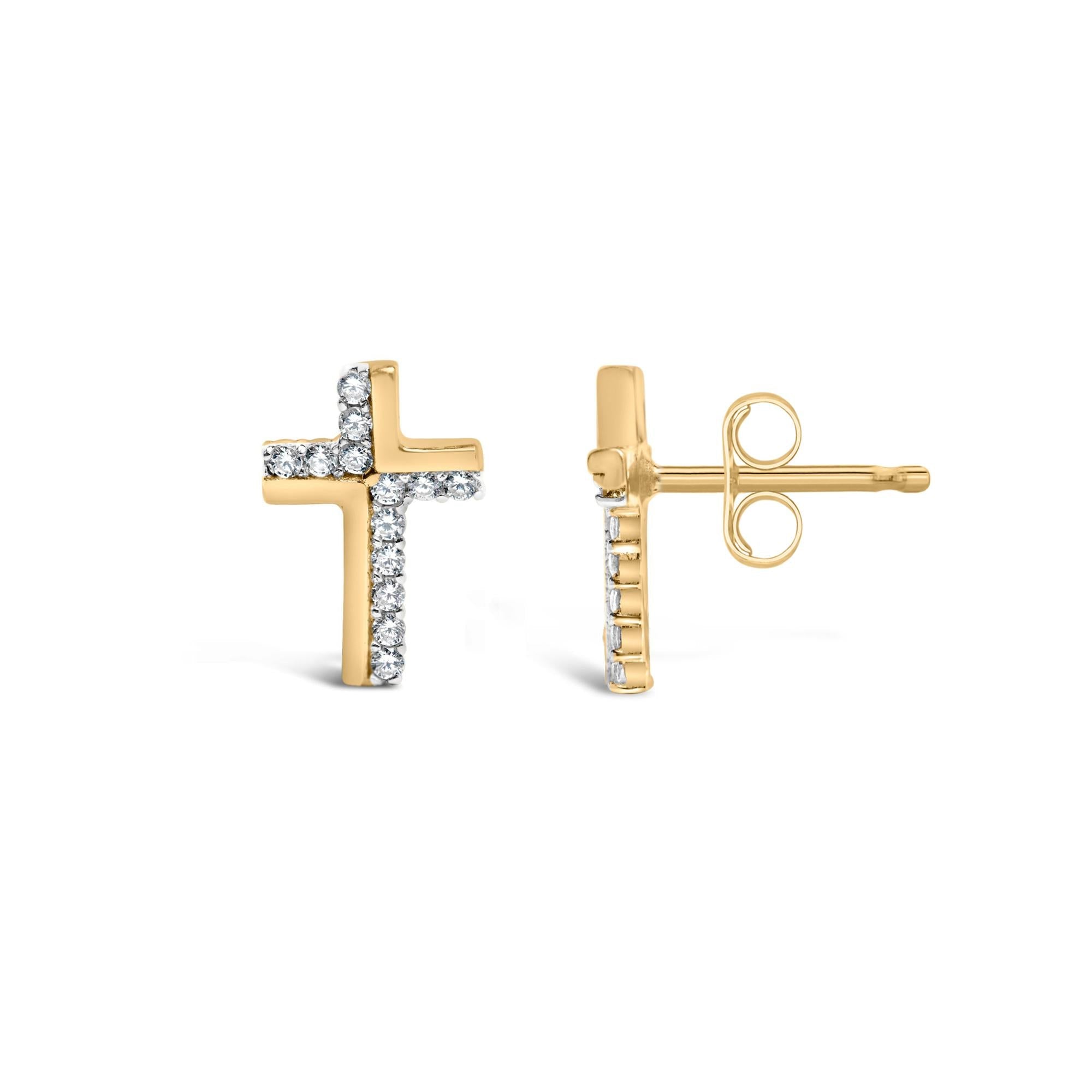 Pendiente de cruz con diamantes de 1/10 quilates en plata de ley 925 bañada en oro amarillo de 14 quilates (color IJ, claridad I3) - Friggin Jewelry
