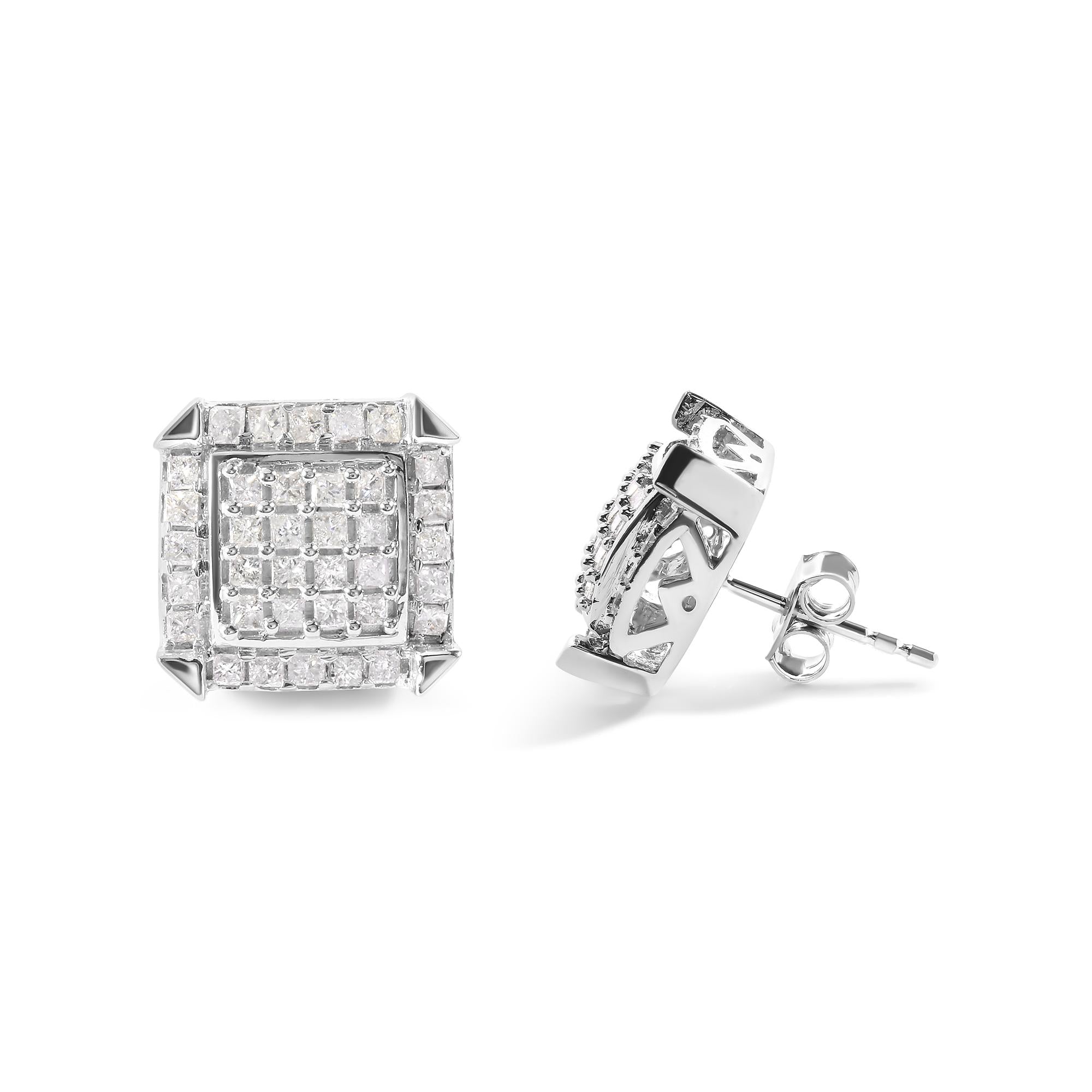 10K White Gold 1 1/10 Cttw Princess Diamond Composite and Halo Stud Earrings (I-J Color, I1-I2 Clarity) - Friggin Jewelry