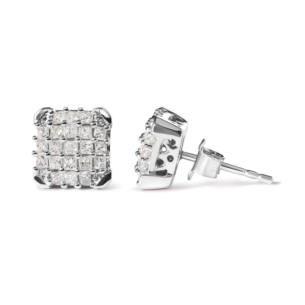 Aretes de oro blanco de 10 quilates con diamantes princesa de 3/4 quilates y montura abierta (color IJ, claridad I1-I2) - Friggin Jewelry