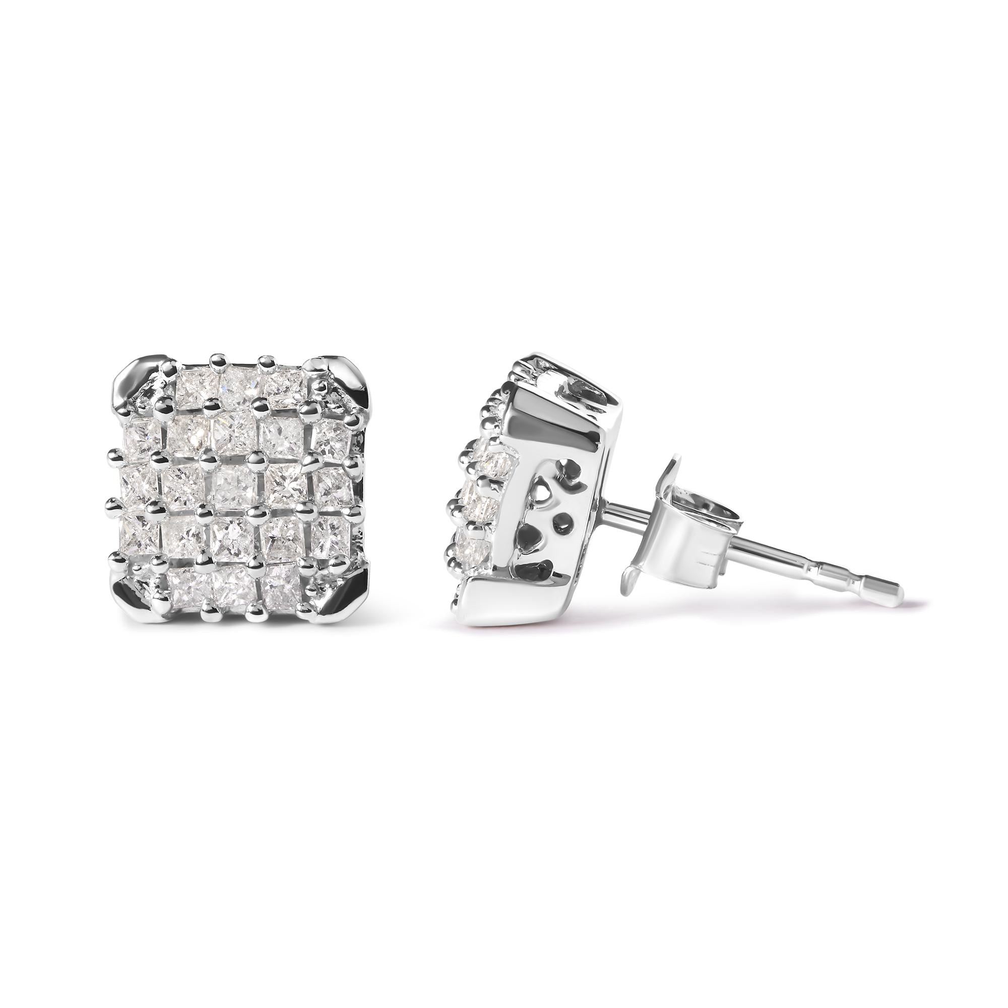 Aretes de oro blanco de 10 quilates con diamantes princesa de 3/4 quilates y montura abierta (color IJ, claridad I1-I2) - Friggin Jewelry