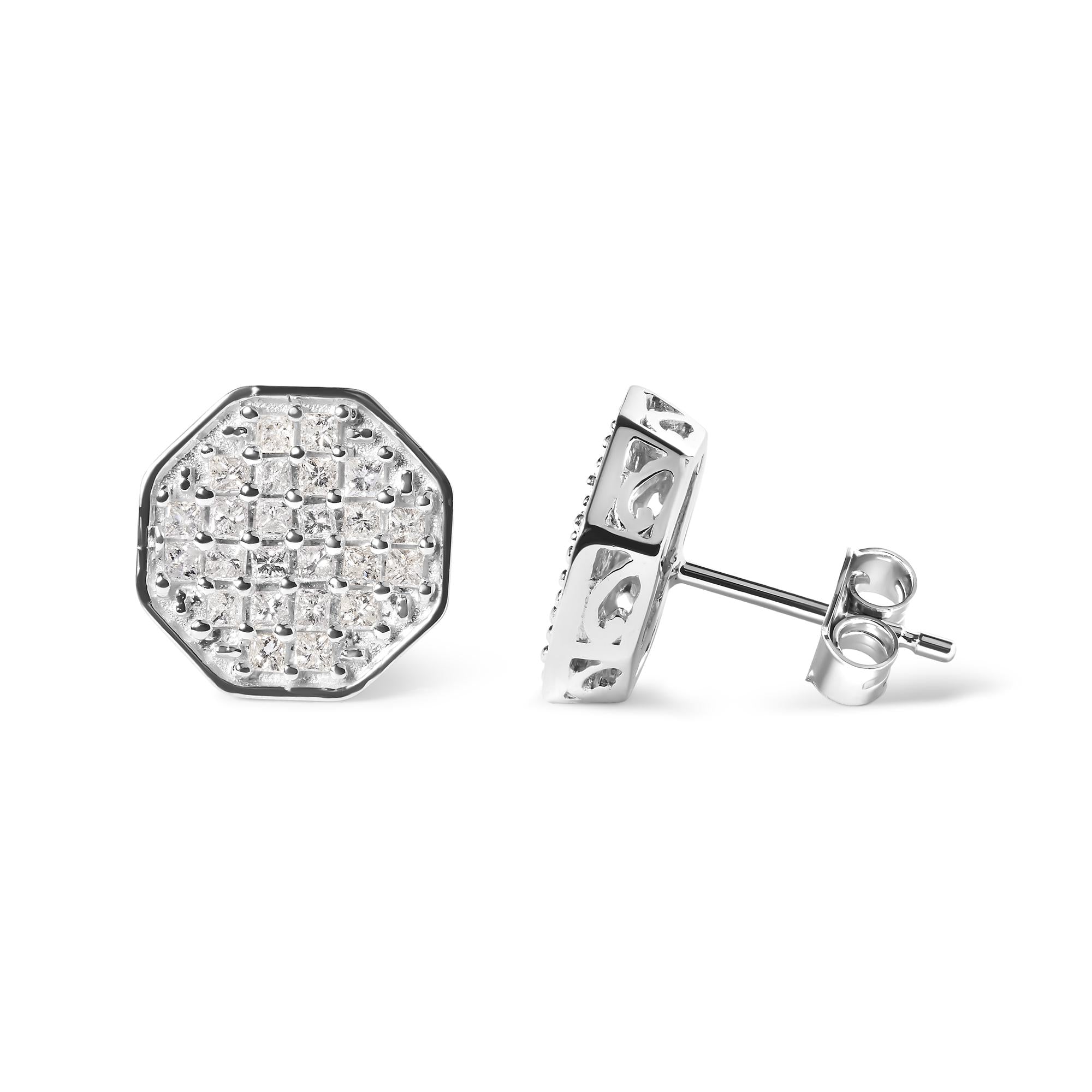 Aretes octagonales de diamantes princesa de 7/8 quilates en oro blanco de 10 quilates (color IJ, claridad I1-I2) - Friggin Jewelry