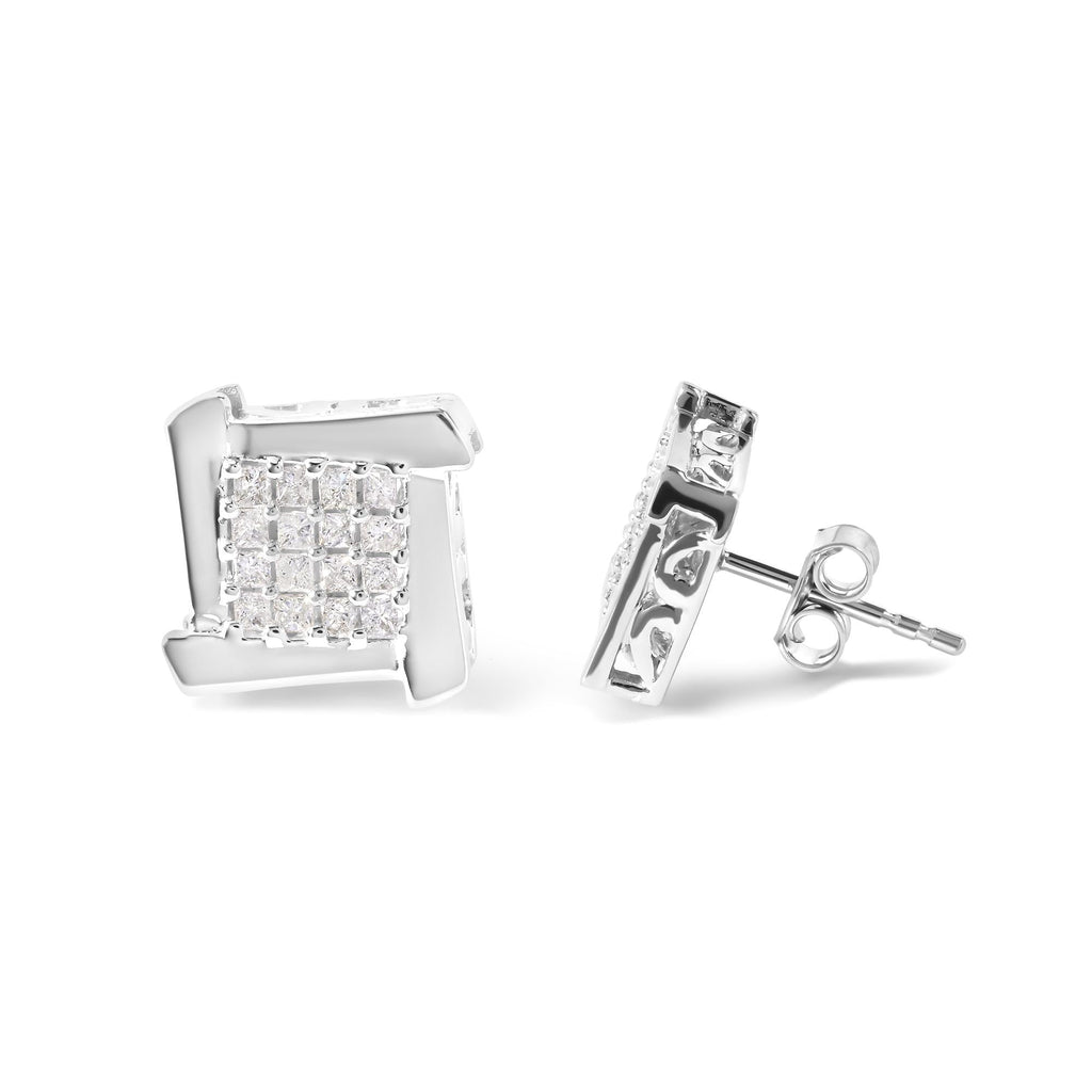 Aretes de oro blanco de 10 quilates con diamantes princesa de 1/2 ct y forma de diamante cuadrado y espiral (color IJ, claridad I1-I2) - Friggin Jewelry