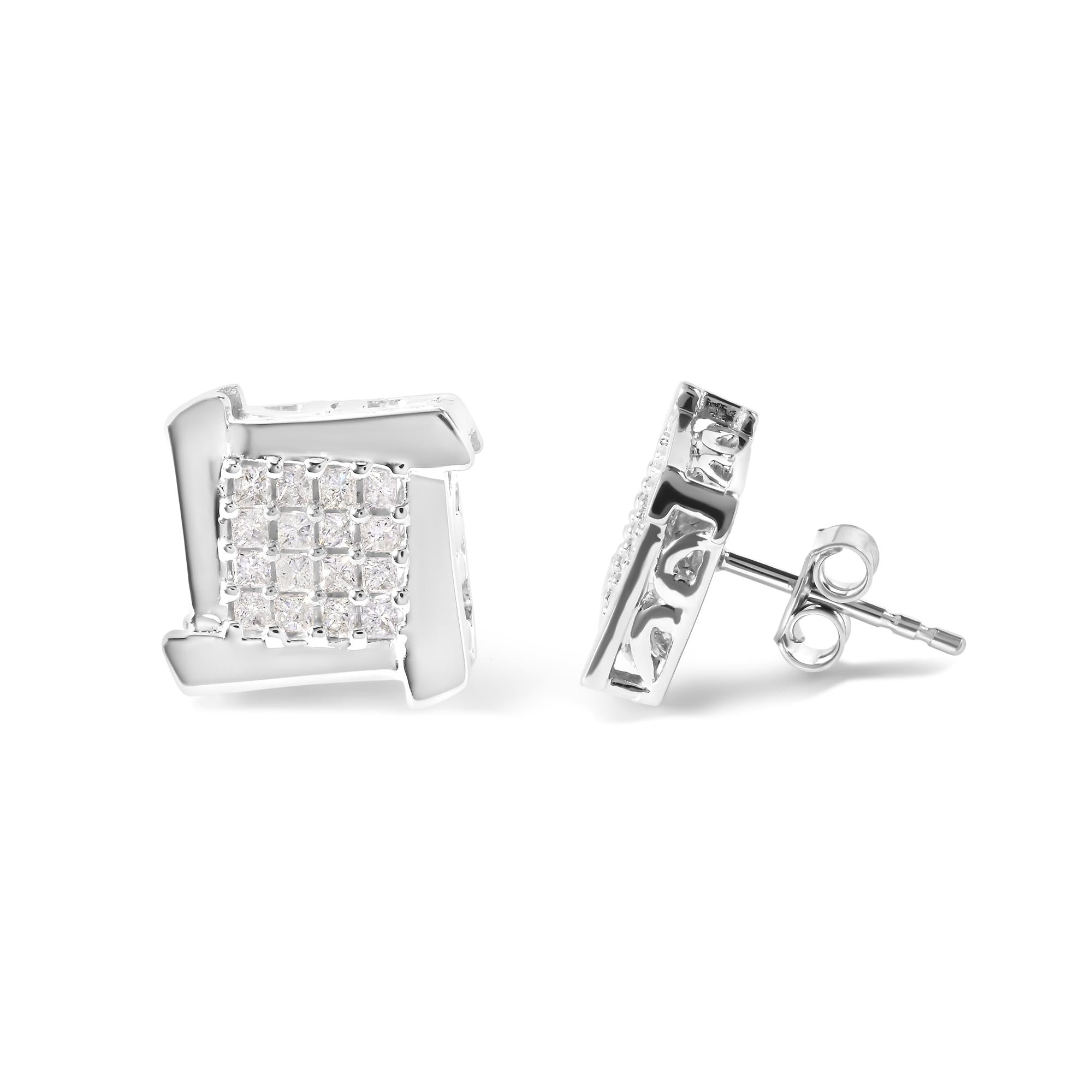 Aretes de oro blanco de 10 quilates con diamantes princesa de 1/2 ct y forma de diamante cuadrado y espiral (color IJ, claridad I1-I2) - Friggin Jewelry