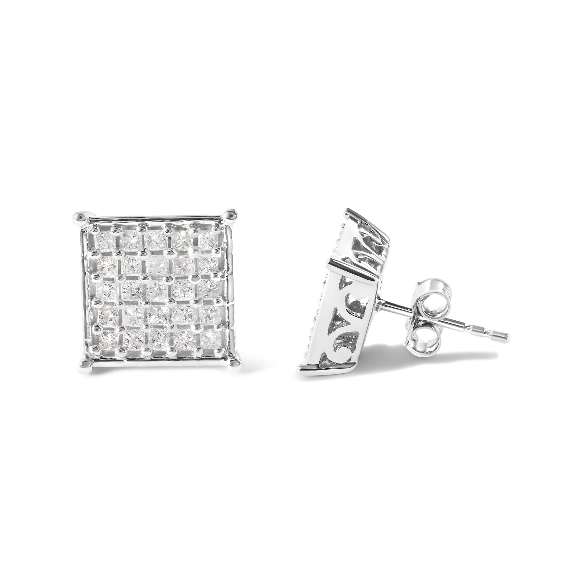 Aretes de oro blanco de 10 quilates con diamantes princesa de 3/4 quilates (color IJ, claridad I1-I2) - Friggin Jewelry
