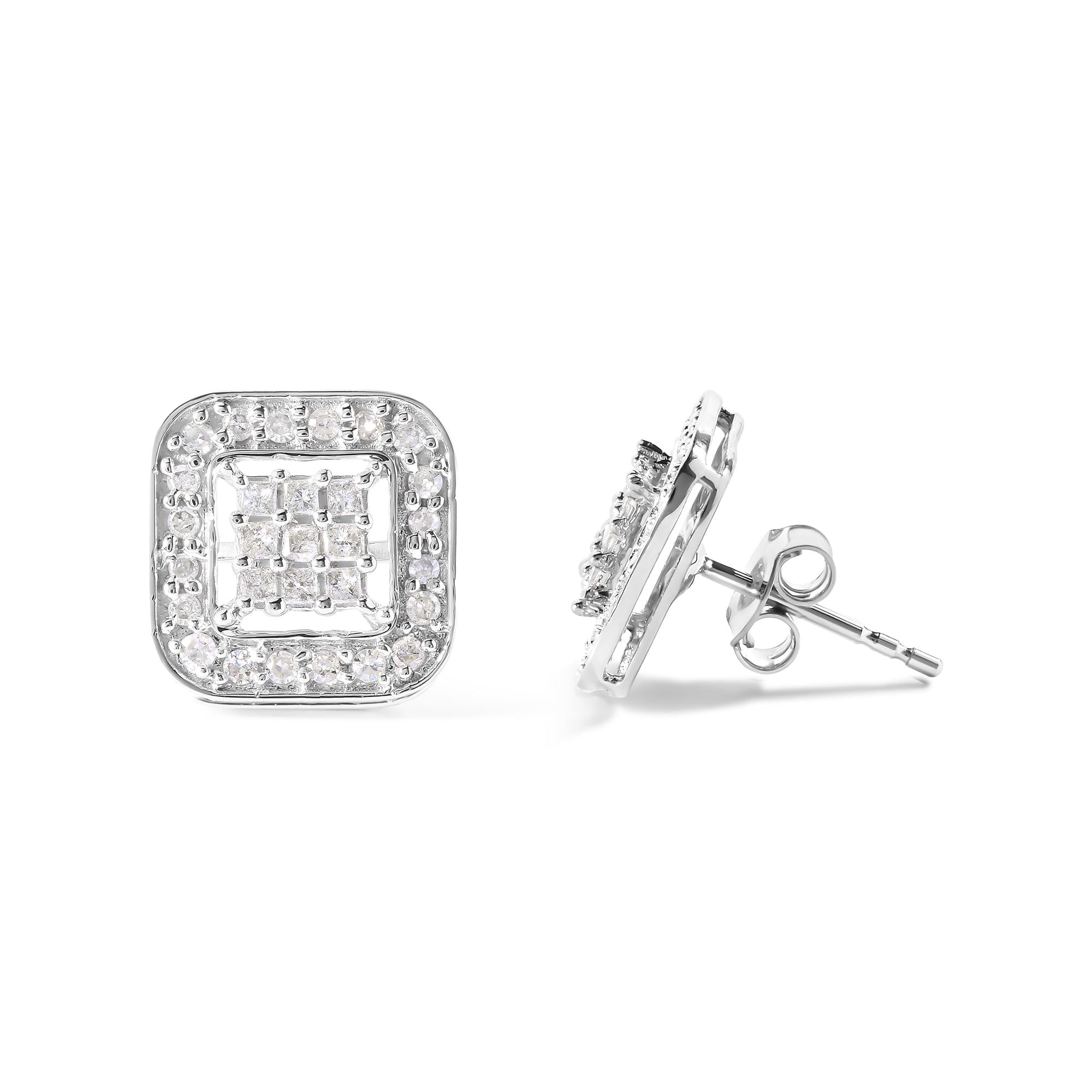 Aretes de oro blanco de 10 quilates con diamantes de 5/8 quilates y forma cuadrada (color IJ, claridad I1-I2) - Friggin Jewelry