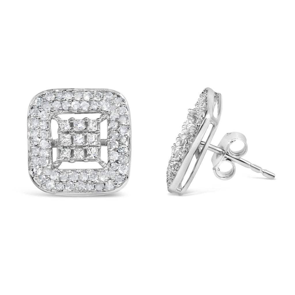 Orecchini a bottone in oro bianco 10 carati con diamanti compositi e alone da 1,00 ct (colore IJ, purezza I1-I2) - Friggin Jewelry