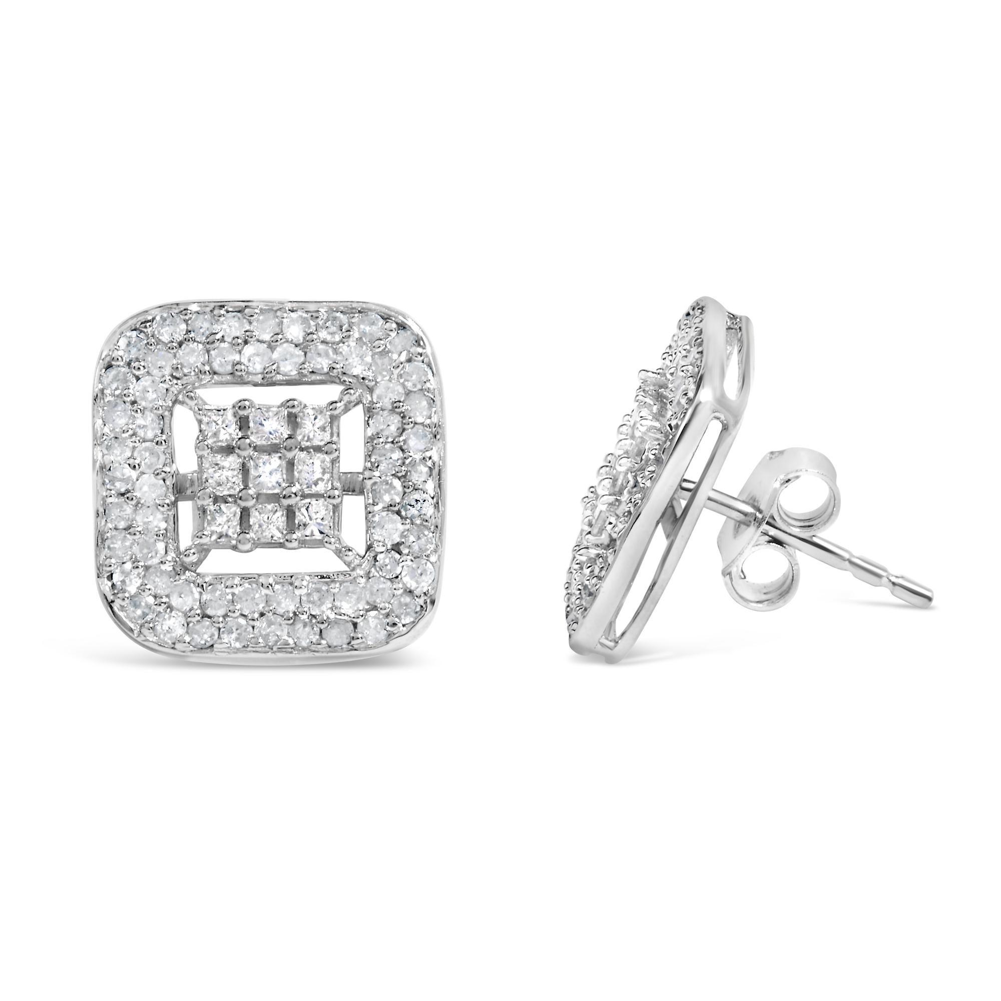 Orecchini a bottone in oro bianco 10 carati con diamanti compositi e alone da 1,00 ct (colore IJ, purezza I1-I2) - Friggin Jewelry