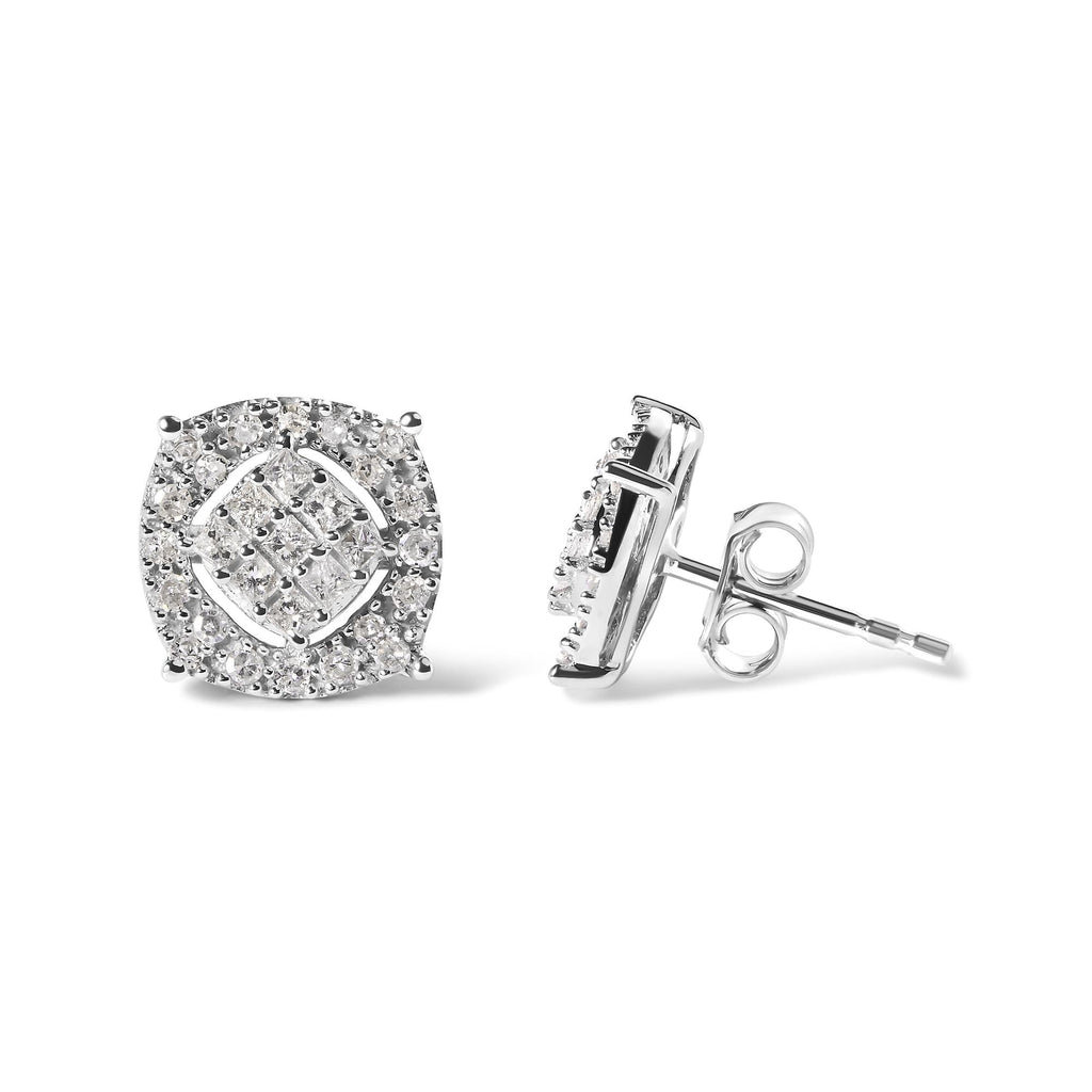 Aretes de oro blanco de 10 quilates con diamantes de 1/2 quilates en forma de cojín (color IJ, claridad I1-I2) - Friggin Jewelry