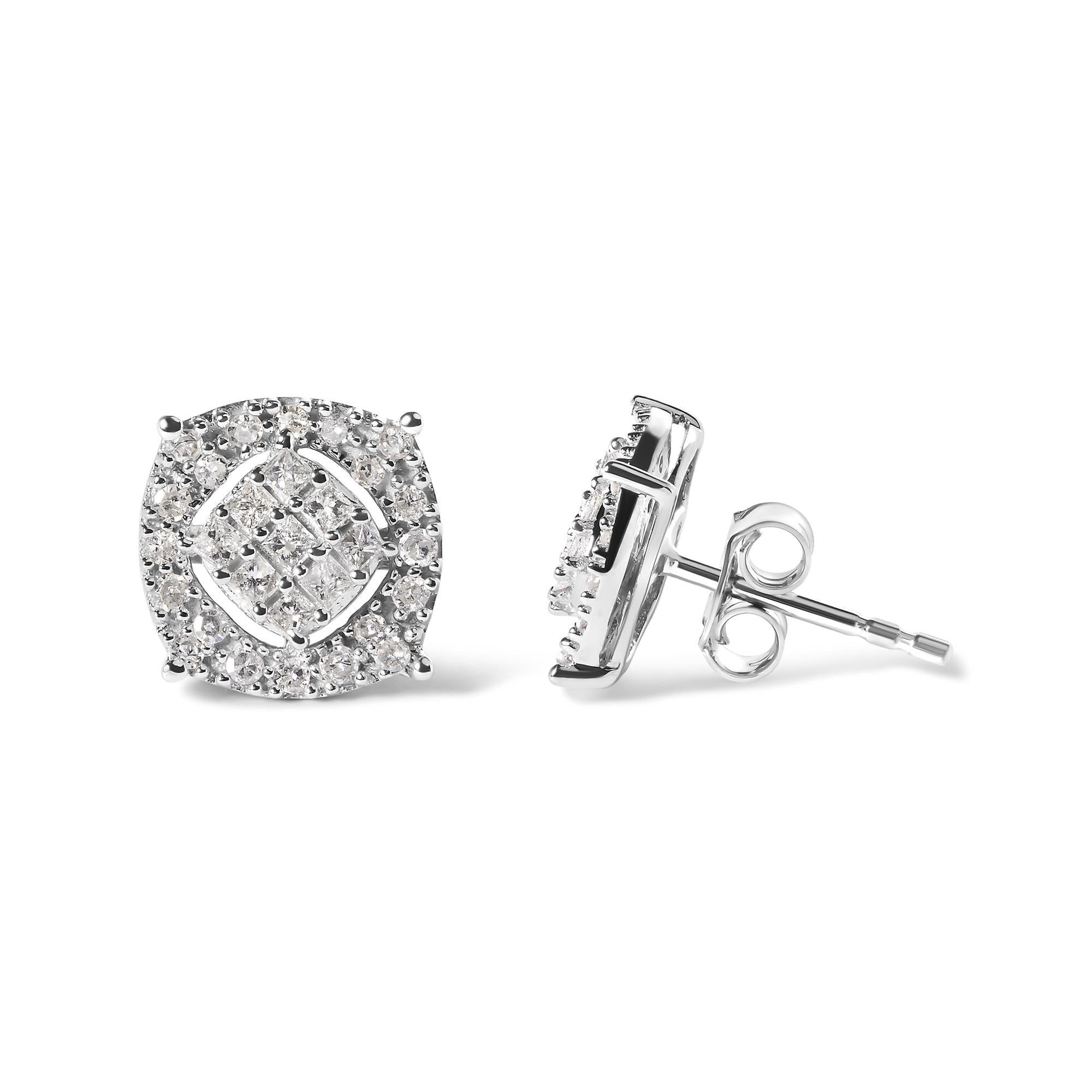 Aretes de oro blanco de 10 quilates con diamantes de 1/2 quilates en forma de cojín (color IJ, claridad I1-I2) - Friggin Jewelry