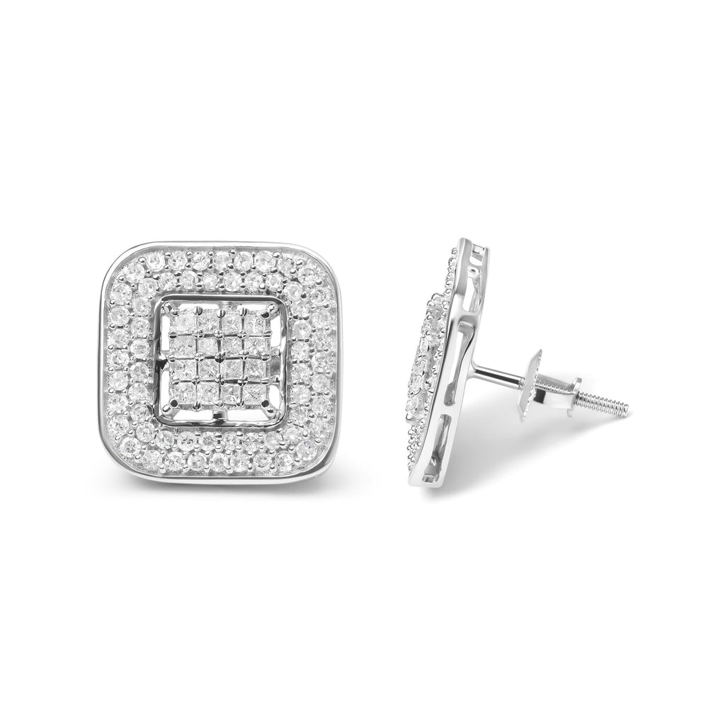Aretes de oro blanco de 10 quilates con halo abierto compuesto de diamantes de talla princesa y redonda de 1,0 quilates (color HI, claridad SI1-SI2) - Friggin Jewelry