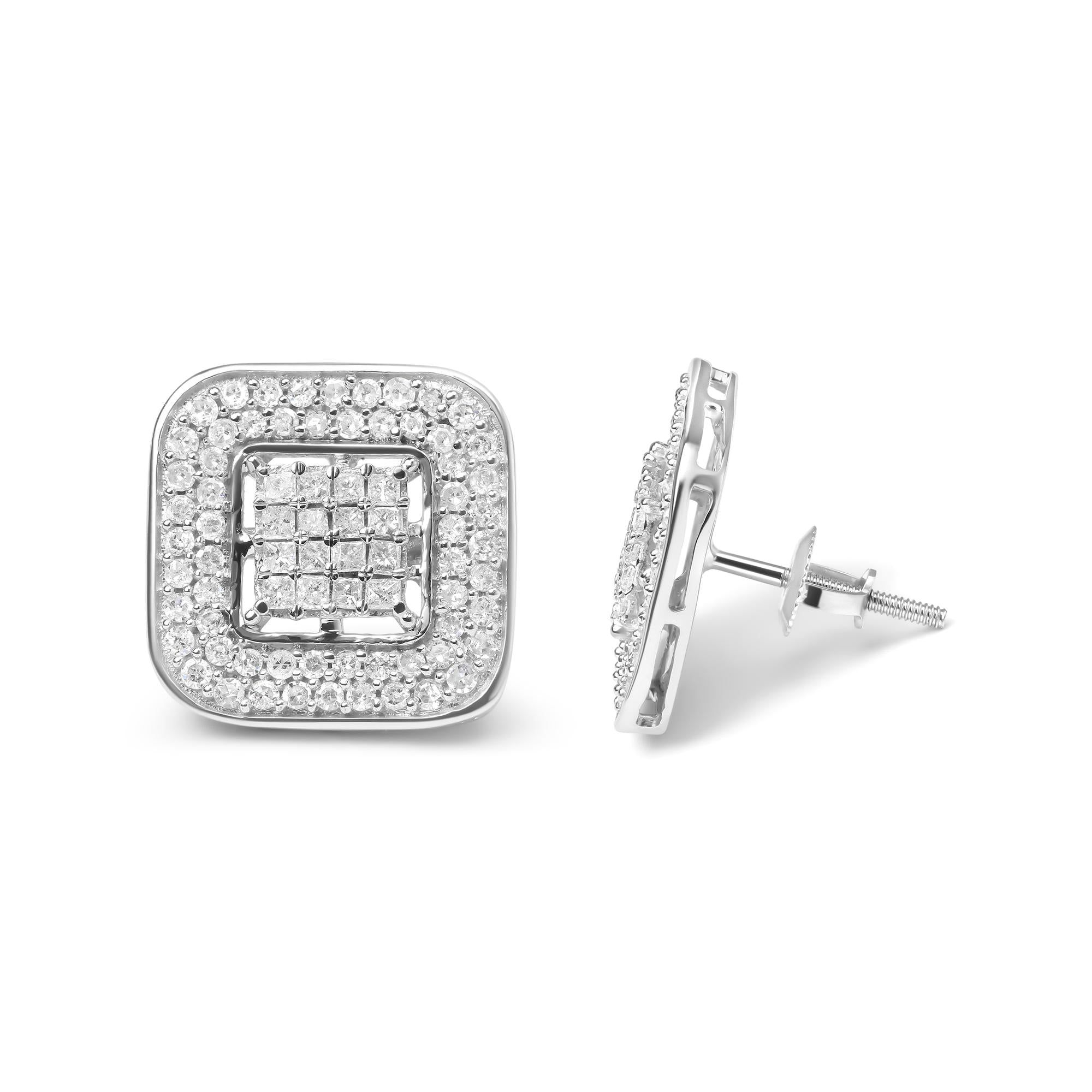 Aretes de oro blanco de 10 quilates con halo abierto compuesto de diamantes de talla princesa y redonda de 1,0 quilates (color HI, claridad SI1-SI2) - Friggin Jewelry