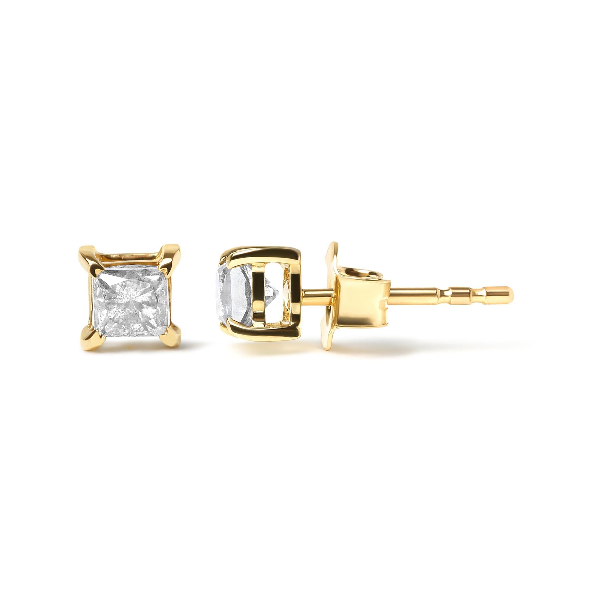 10K Yellow Gold 5/8 Cttw Princess Cut Diamond 4-Prong Solitaire Stud Earrings (J-K Color, I2-I3 Clarity) - Friggin Jewelry