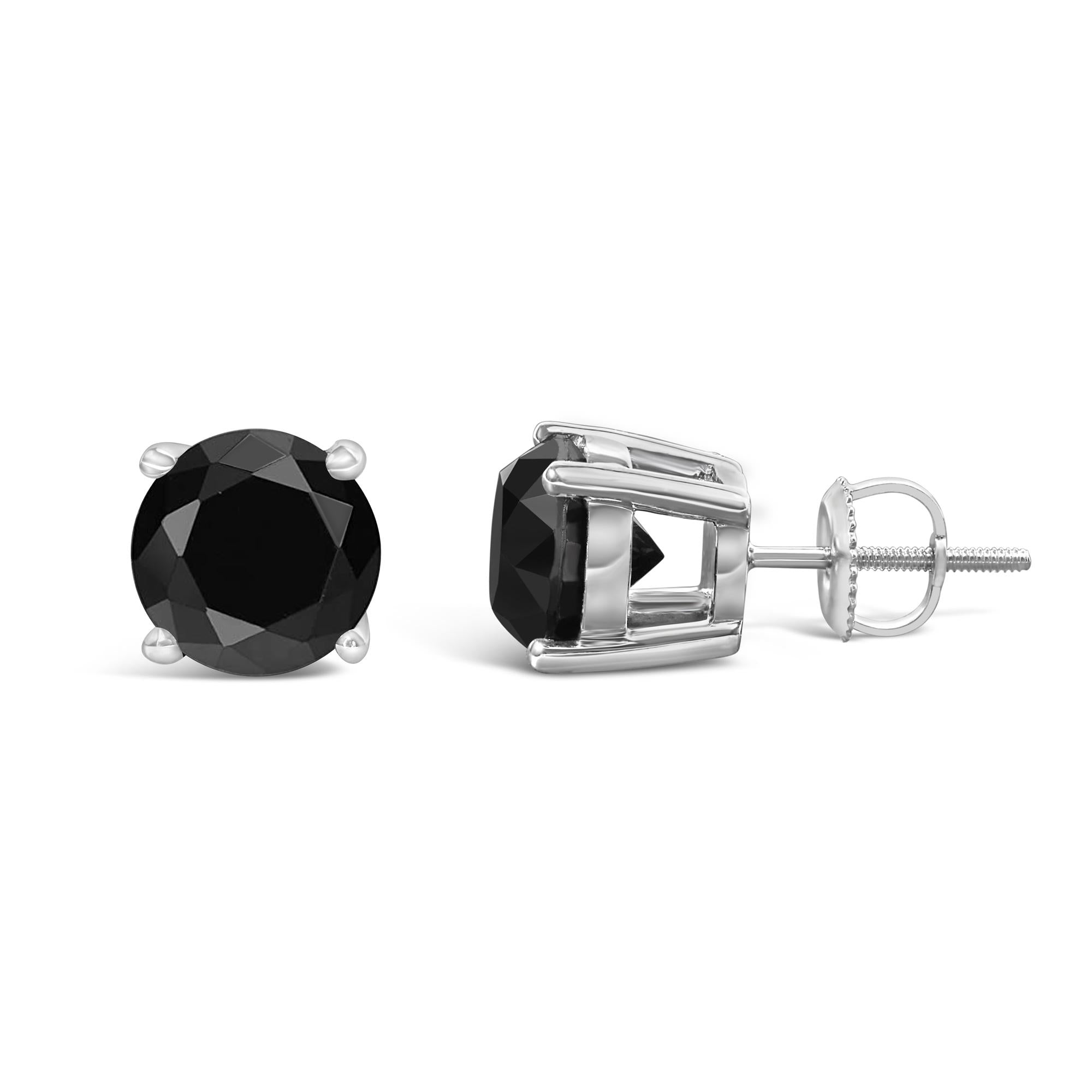Aretes clásicos de oro blanco de 14 quilates con diamantes negros de talla brillante redondos de 4 puntas y cierre de rosca (color fantasía realzado, claridad I2-I3) - Friggin Jewelry