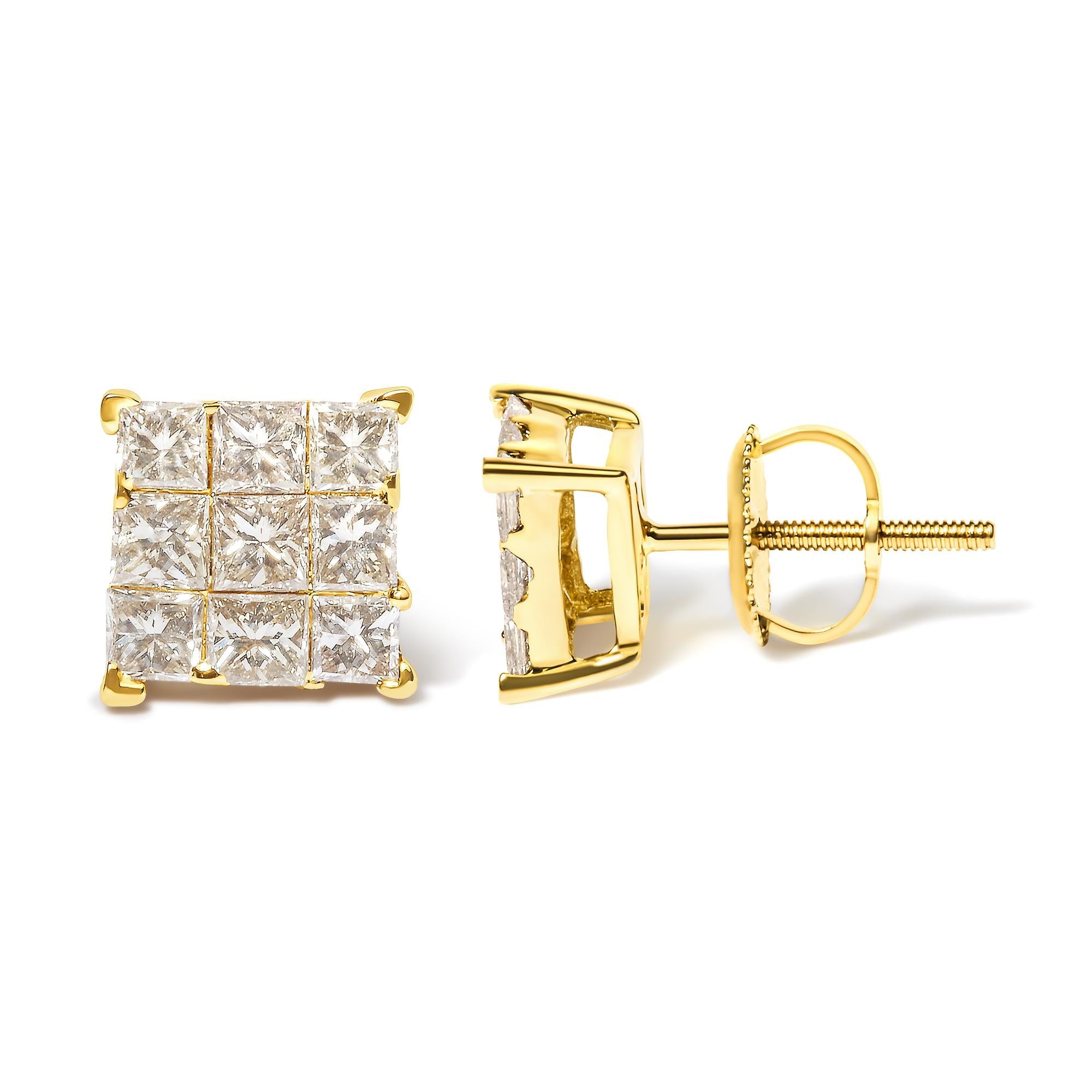 Aretes de oro amarillo de 14 quilates con diamantes de talla princesa de 1 1/2 ct y 9 piedras cuadradas engastadas invisibles (color JK, claridad SI2-I1) - Friggin Jewelry