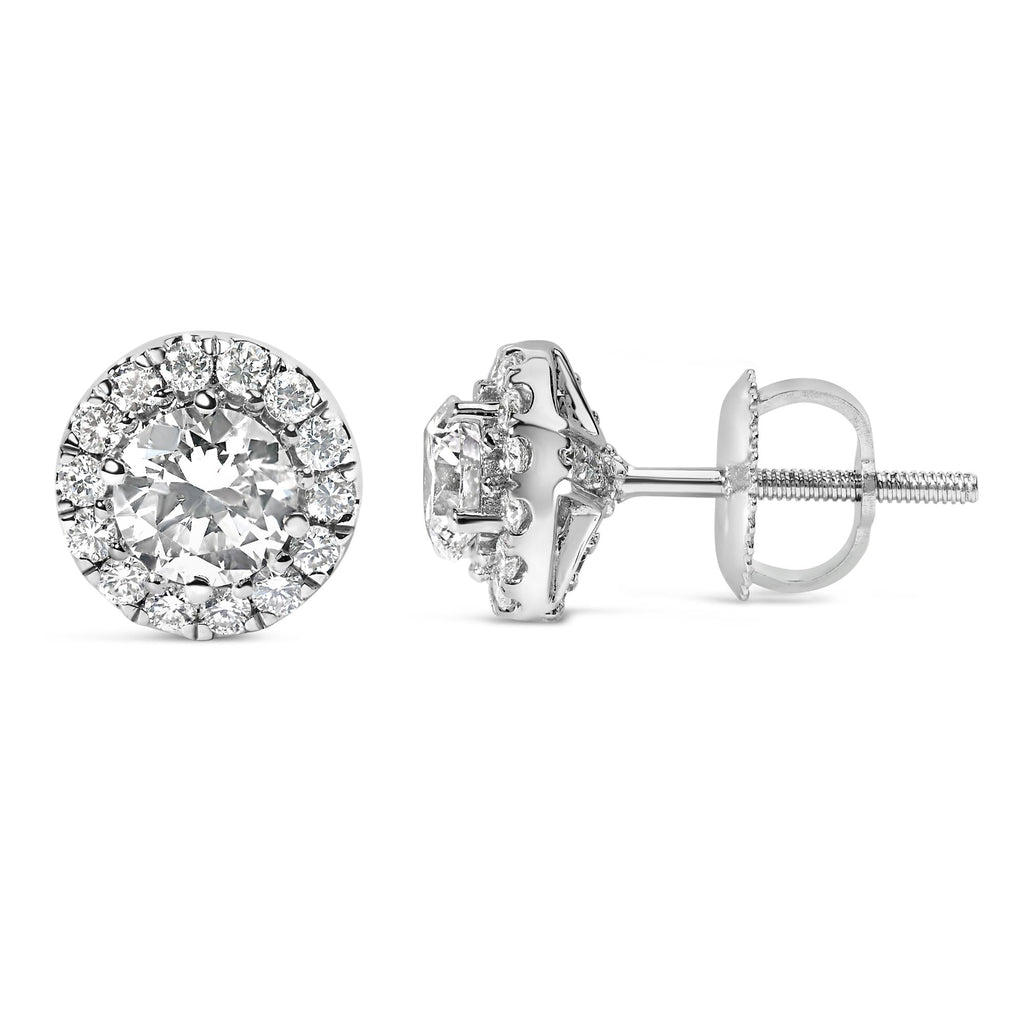Aretes de oro blanco de 14 quilates con halo de diamantes redondos cultivados en laboratorio (color FG, claridad VS2-SI1) - Friggin Jewelry
