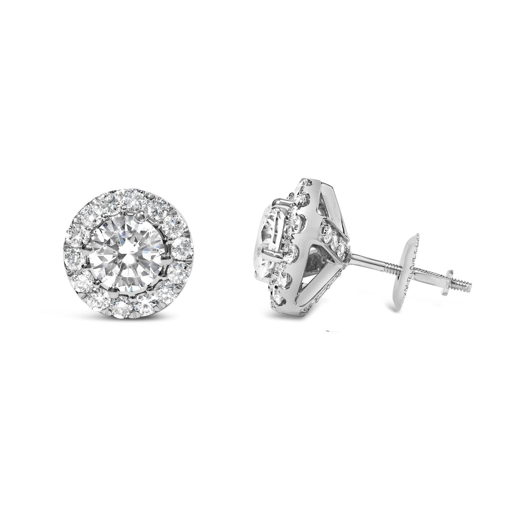 Aretes de oro blanco de 14 quilates con halo de diamantes redondos cultivados en laboratorio (color FG, claridad VS2-SI1) - Friggin Jewelry