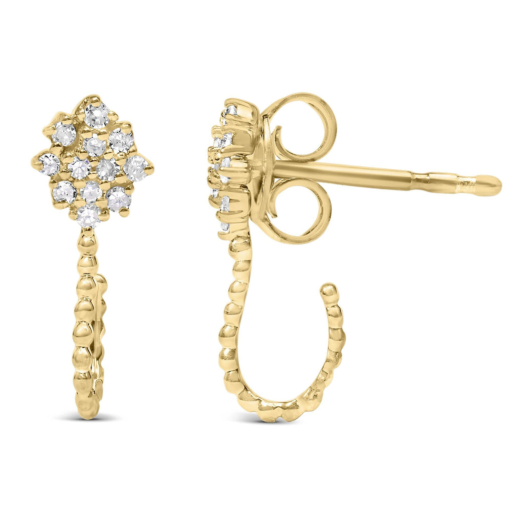 14K Yellow Gold Plated .925 Sterling Silver 1/10 Cttw Diamond Floral Cluster and Beaded Hoop Stud Earrings (H-I Color, I1-I2 Clarity) - Friggin Jewelry