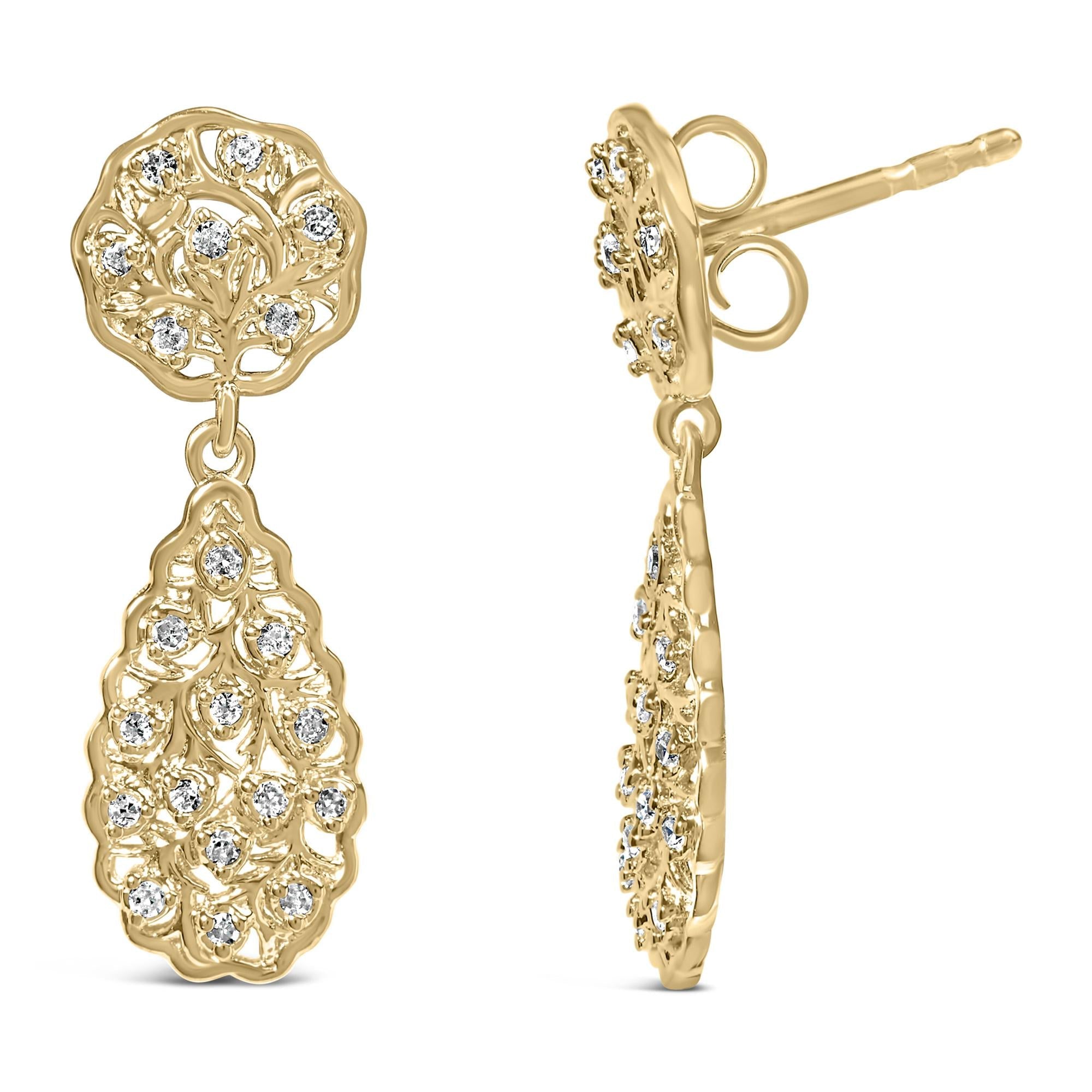 Pendientes de filigrana con forma de lágrima de diamantes de 1/5 ct en plata de ley chapada en oro amarillo de 14 quilates (color HI, claridad I1-I2) - Friggin Jewelry