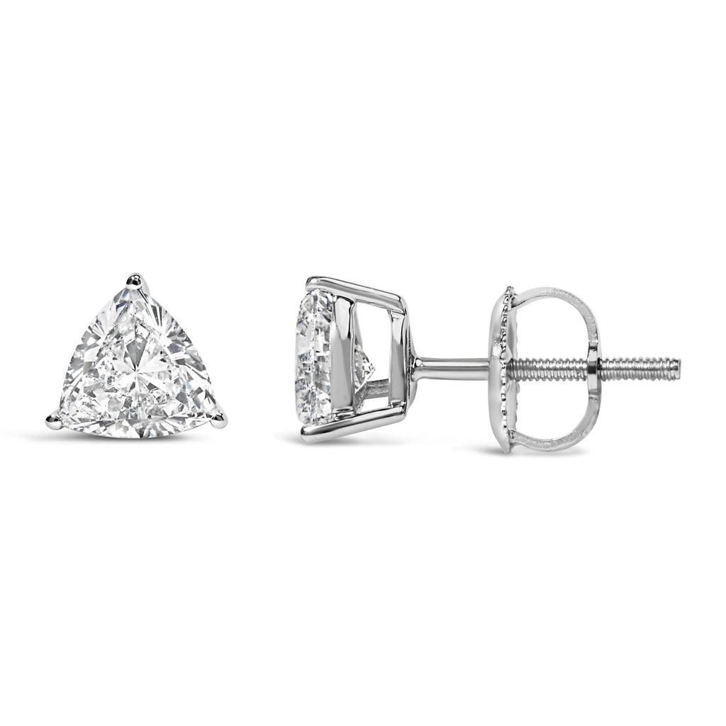 Aretes solitarios clásicos de oro blanco de 14 quilates con diamantes cultivados en laboratorio de talla trillón de 3 puntas (color FG, claridad VS1-VS2) - Friggin Jewelry