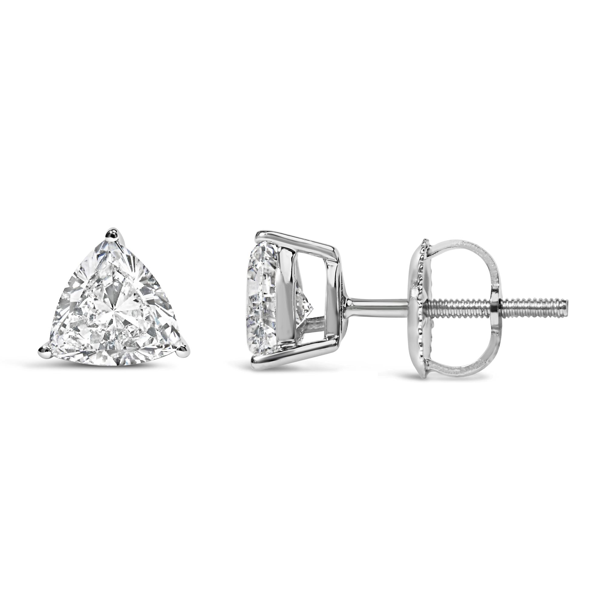 Aretes solitarios clásicos de oro blanco de 14 quilates con diamantes cultivados en laboratorio de talla trillón de 3 puntas (color FG, claridad VS1-VS2) - Friggin Jewelry