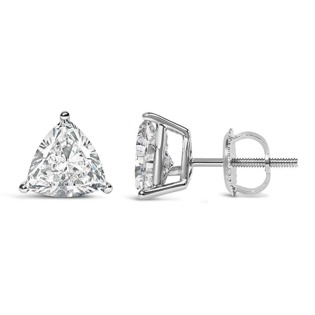 Aretes solitarios clásicos de oro blanco de 14 quilates con diamantes cultivados en laboratorio de talla trillón de 3 puntas (color FG, claridad VS1-VS2) - Friggin Jewelry