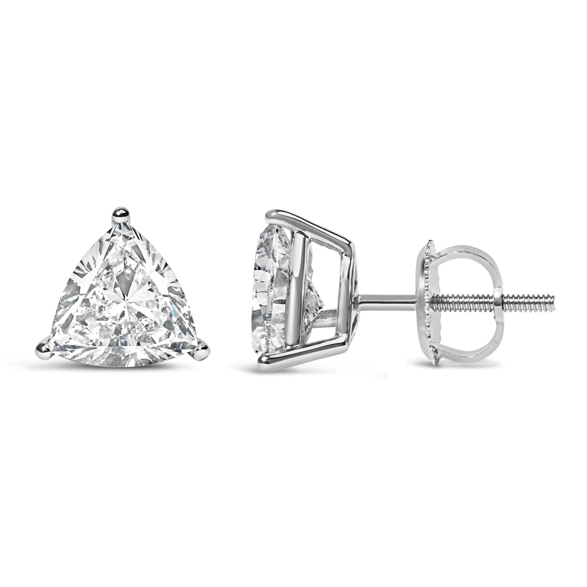 Aretes solitarios clásicos de oro blanco de 14 quilates con diamantes cultivados en laboratorio de talla trillón de 3 puntas (color FG, claridad VS1-VS2) - Friggin Jewelry