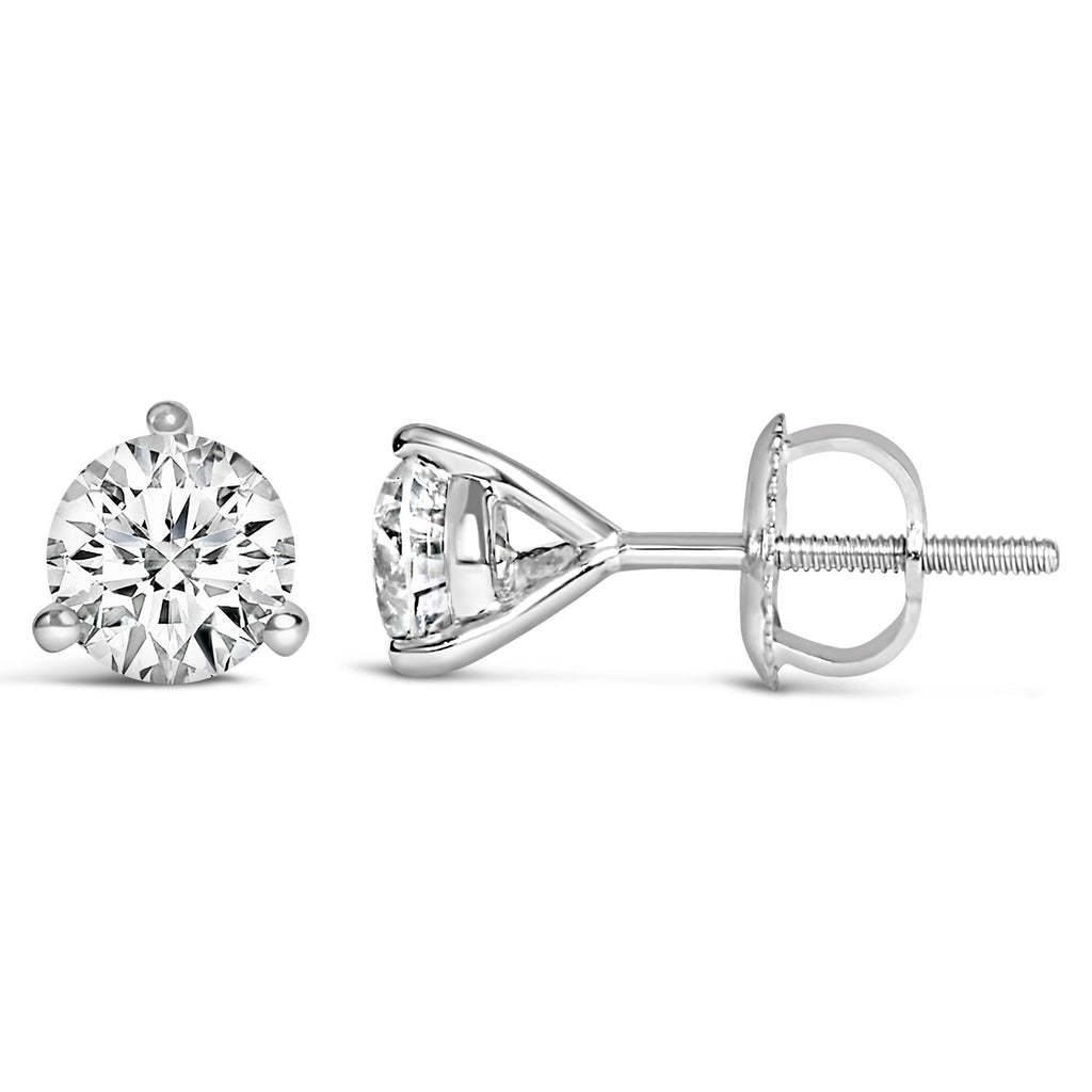 Aretes tipo botón de oro blanco de 14 quilates con tres puntas y diamantes cultivados en laboratorio de talla redonda brillante (color FG, claridad VS1-VS2) - Friggin Jewelry