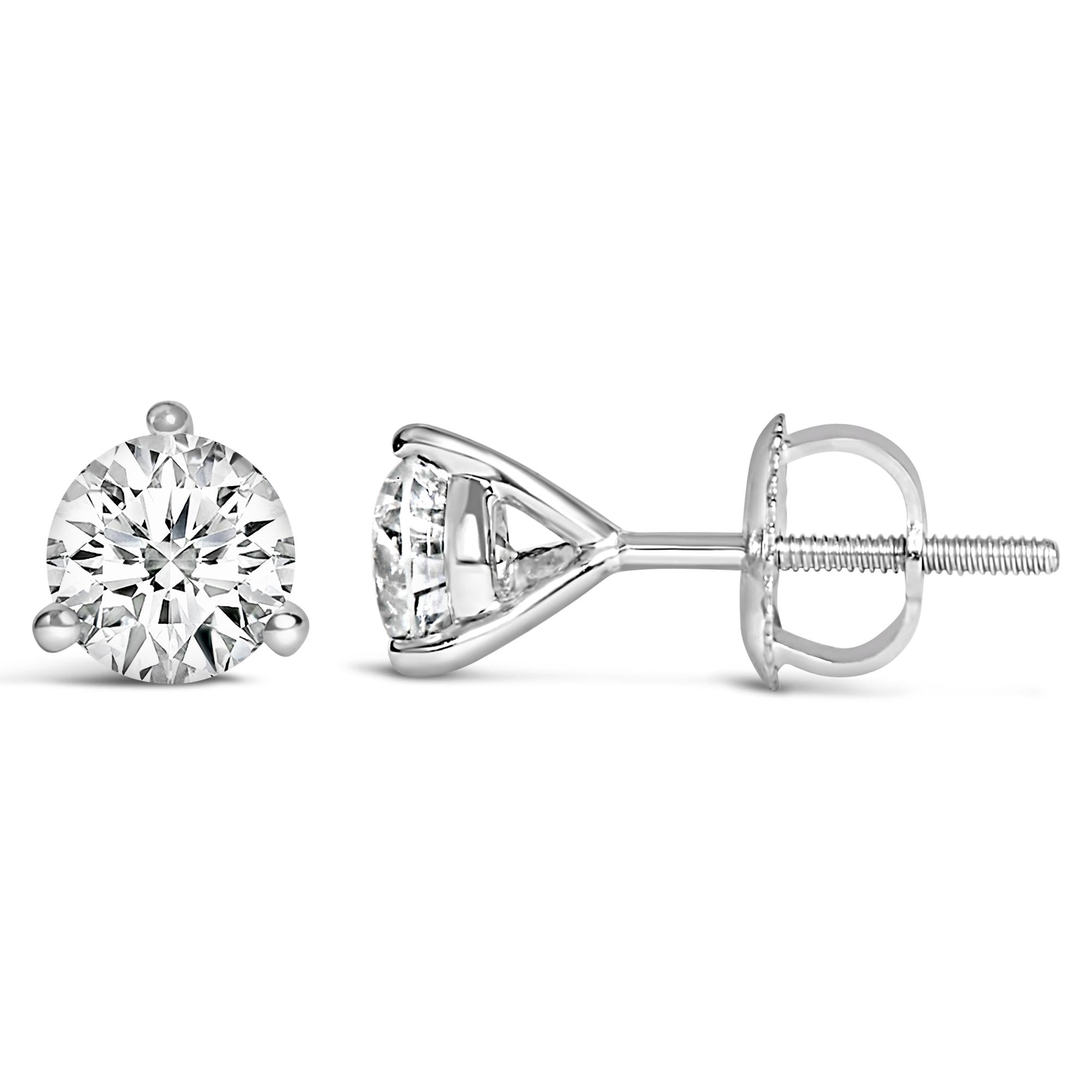Aretes tipo botón de oro blanco de 14 quilates con tres puntas y diamantes cultivados en laboratorio de talla redonda brillante (color FG, claridad VS1-VS2) - Friggin Jewelry